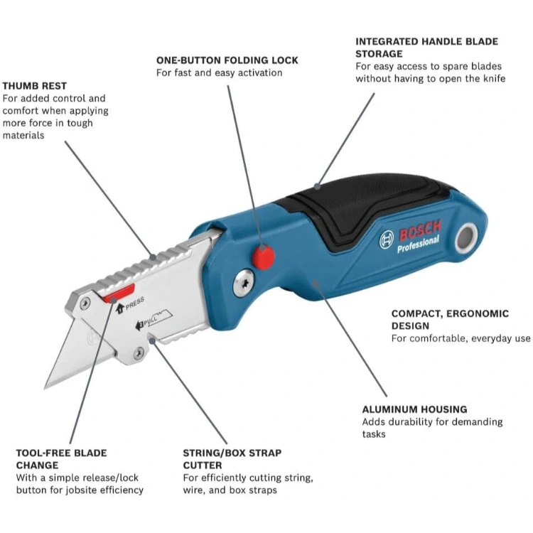 BOSCH H11-11100-1 Folding Utility Knife Featuring Built-In Blade Storage, Thumb Rest For Better Grip, And Included Belt Clip, Strap Cutter, 3 Replacement Blades