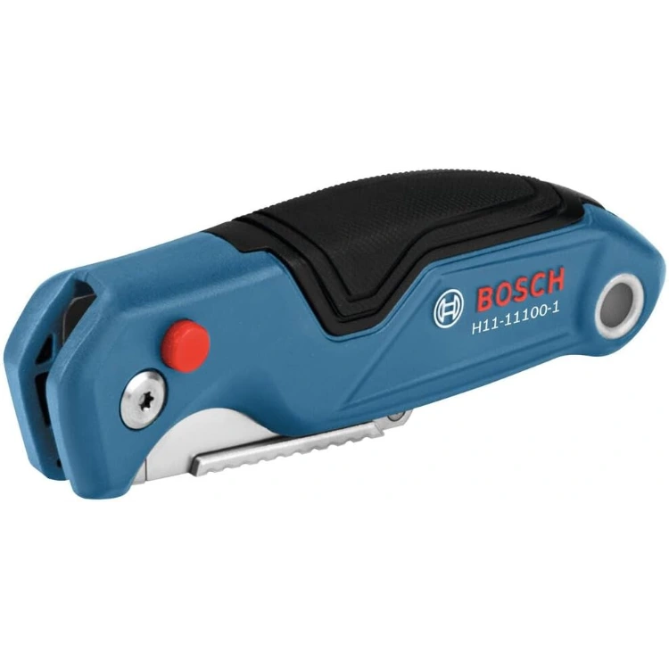 BOSCH H11-11100-1 Folding Utility Knife Featuring Built-In Blade Storage, Thumb Rest For Better Grip, And Included Belt Clip, Strap Cutter, 3 Replacement Blades