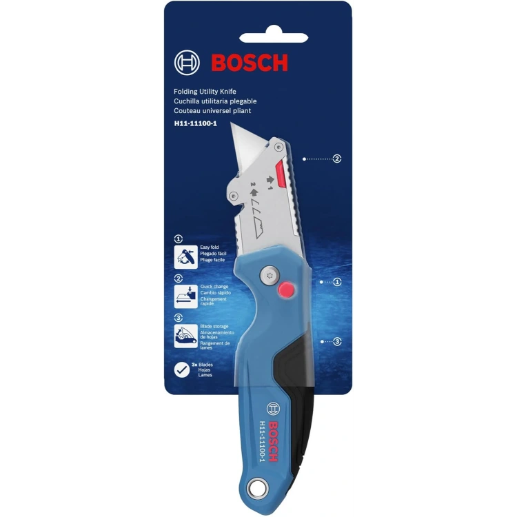 BOSCH H11-11100-1 Folding Utility Knife Featuring Built-In Blade Storage, Thumb Rest For Better Grip, And Included Belt Clip, Strap Cutter, 3 Replacement Blades