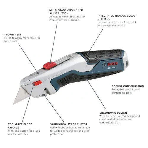 BOSCH H11-13000-1 Retractable Utility Knife, Cushioned Slide Button, Integrated Blade Storage, Includes 3 Blades