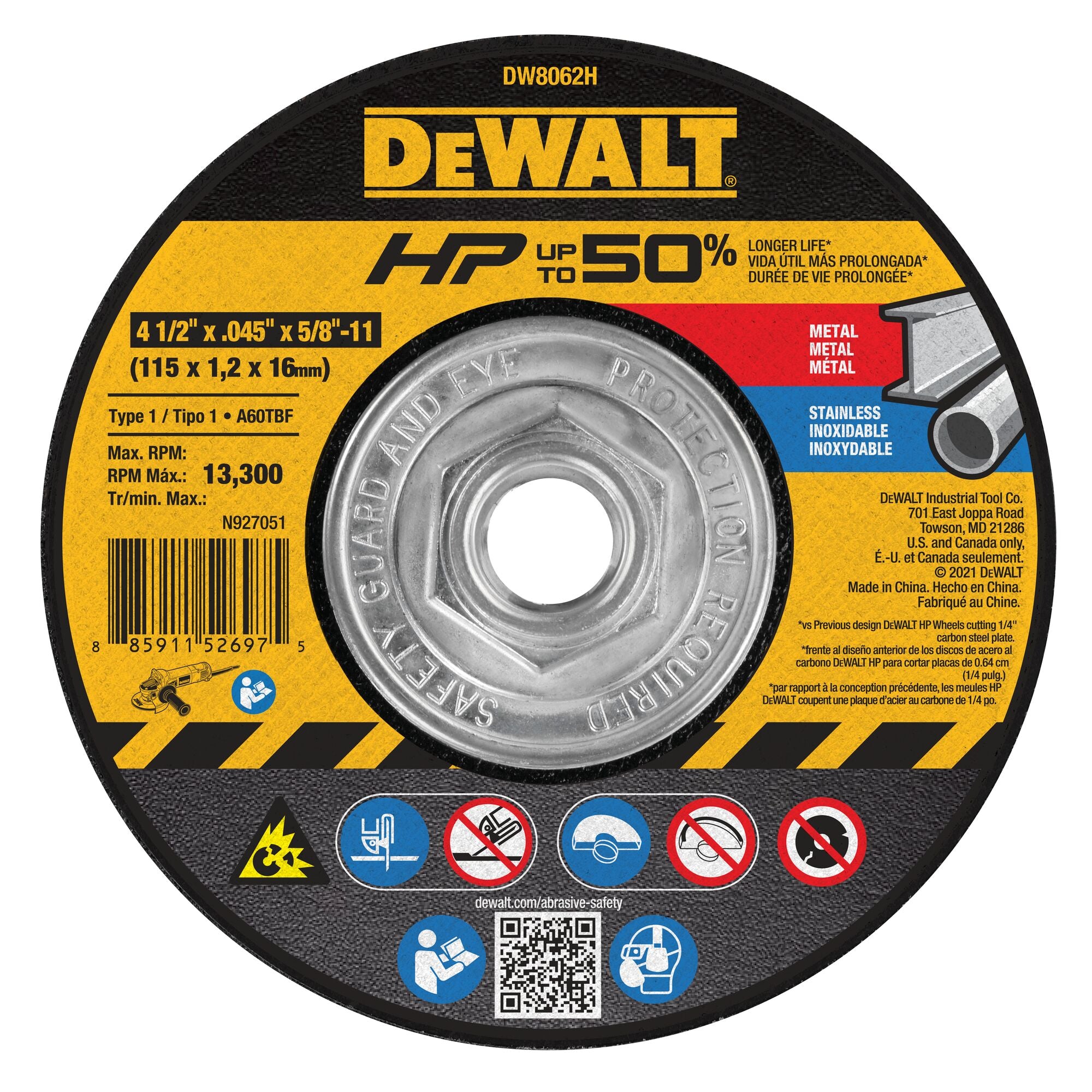 DeWalt DW8062H 4-1/2 In x .045 in Aluminum Oxide Abrasive Chop / Cut-Off Blade with 5/8 in Arbor For Metal Cutting (1 Pack)