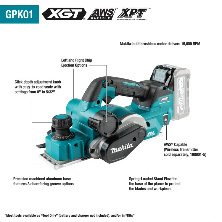 Makita GPK01Z 40V max XGT® Brushless Cordless 3-1/4" Planer, AWS® Capable (Tool Only)