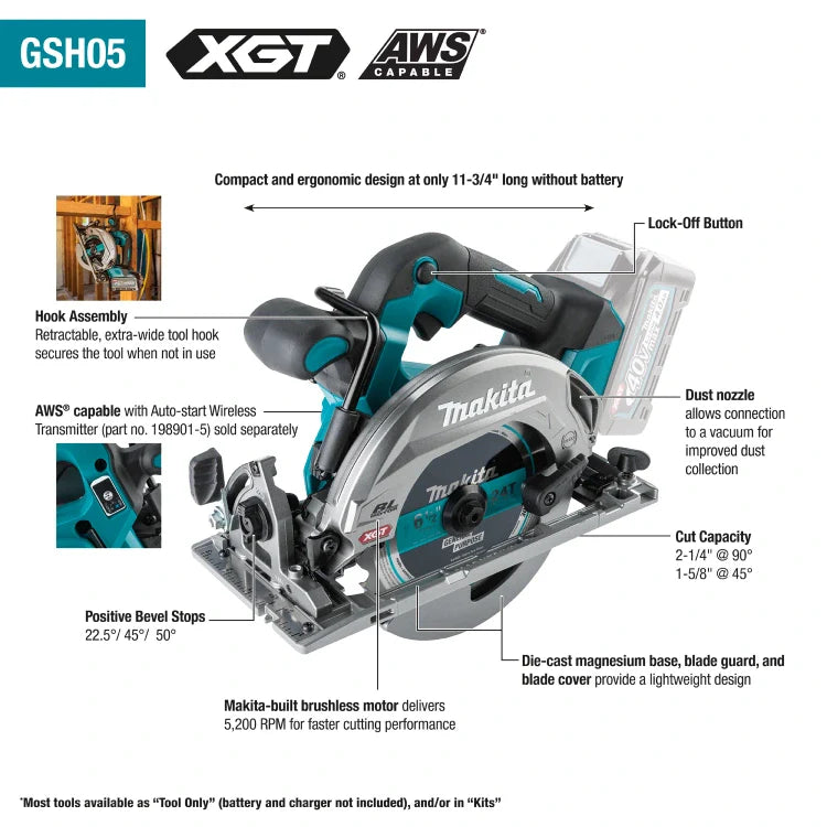 Makita GSH05Z 40V max XGT® Brushless Cordless 6-1/2" Circular Saw, AWS® Capable (Tool Only)