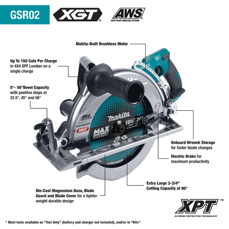 Makita GSR02M1 40V max XGT® Brushless Rear Handle 10-1/4" Circular Saw Kit, AWS® Capable (4.0Ah)