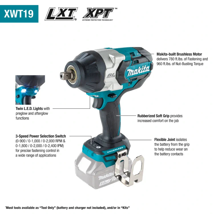 Makita XWT19Z 18V LXT® Lithium-Ion Brushless Cordless 3-Speed 1/2" Sq. Drive Impact Wrench w/ Detent Anvil, (Tool Only)