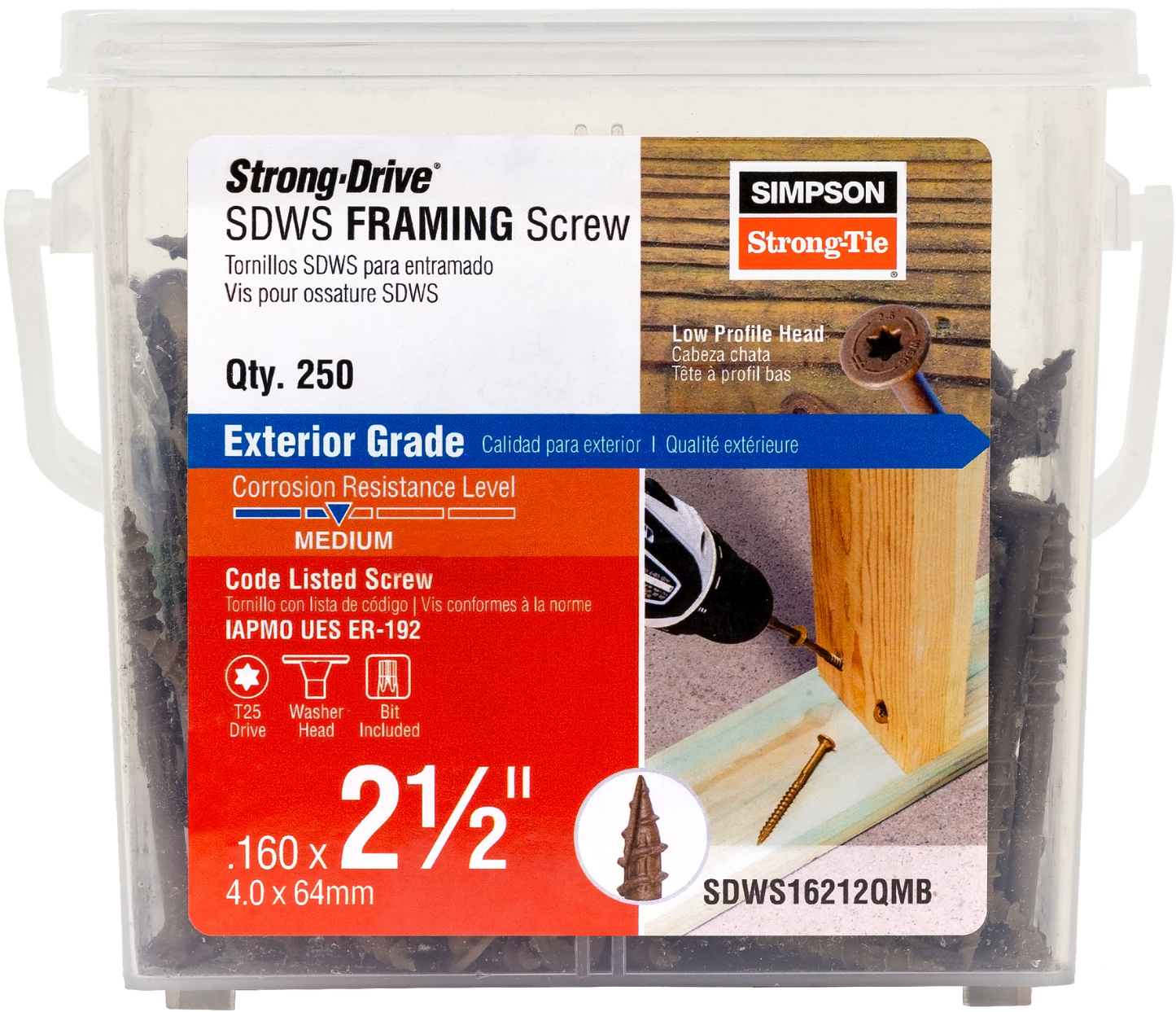 Simpson Strong-Tie SDWS16212QMB Strong-Drive® SDWS™ FRAMING Screw — 0.160 in. x 2-1/2 in. T25, Quik Guard®, Tan (250-Qty) (Pack of 4)