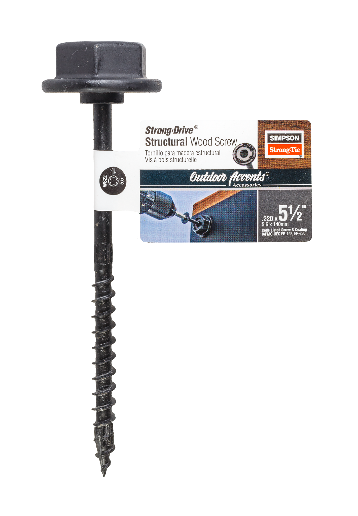 Simpson Strong-Tie SDWS22512DBB-RN1 Outdoor Accents® Structural Wood Screw — .220 in. x 5-1/2 in. DB Coating, Black w/Washer (Pack of 20)