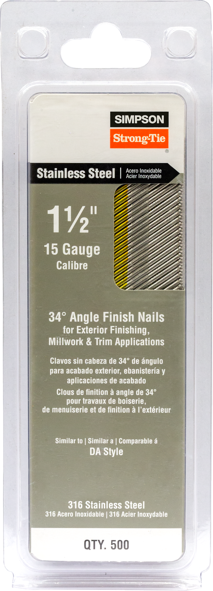 Simpson Strong-Tie T15N150SFB Tape Collation, DA-Style Angle, 15-Gauge Finishing Nail — 1-1/2 in. Type 316 (500-Qty)