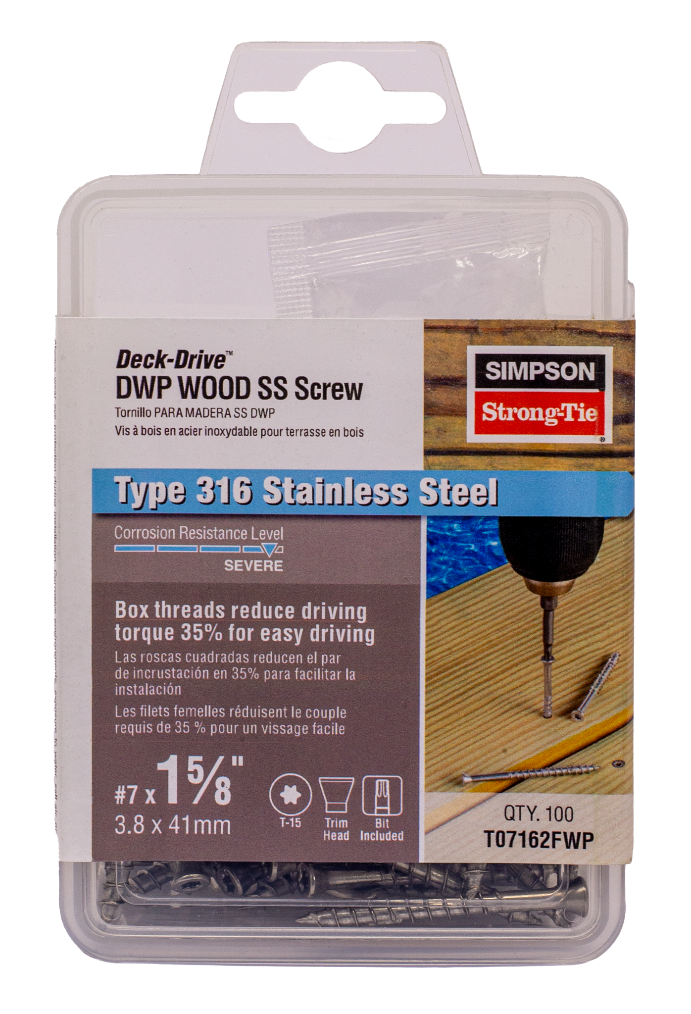 Simpson Strong-Tie T07162FWP Deck-Drive™ DWP WOOD SS Screw — #7 x 1-5/8 in. T-15, Trim Head, Type 316 (100-Qty)