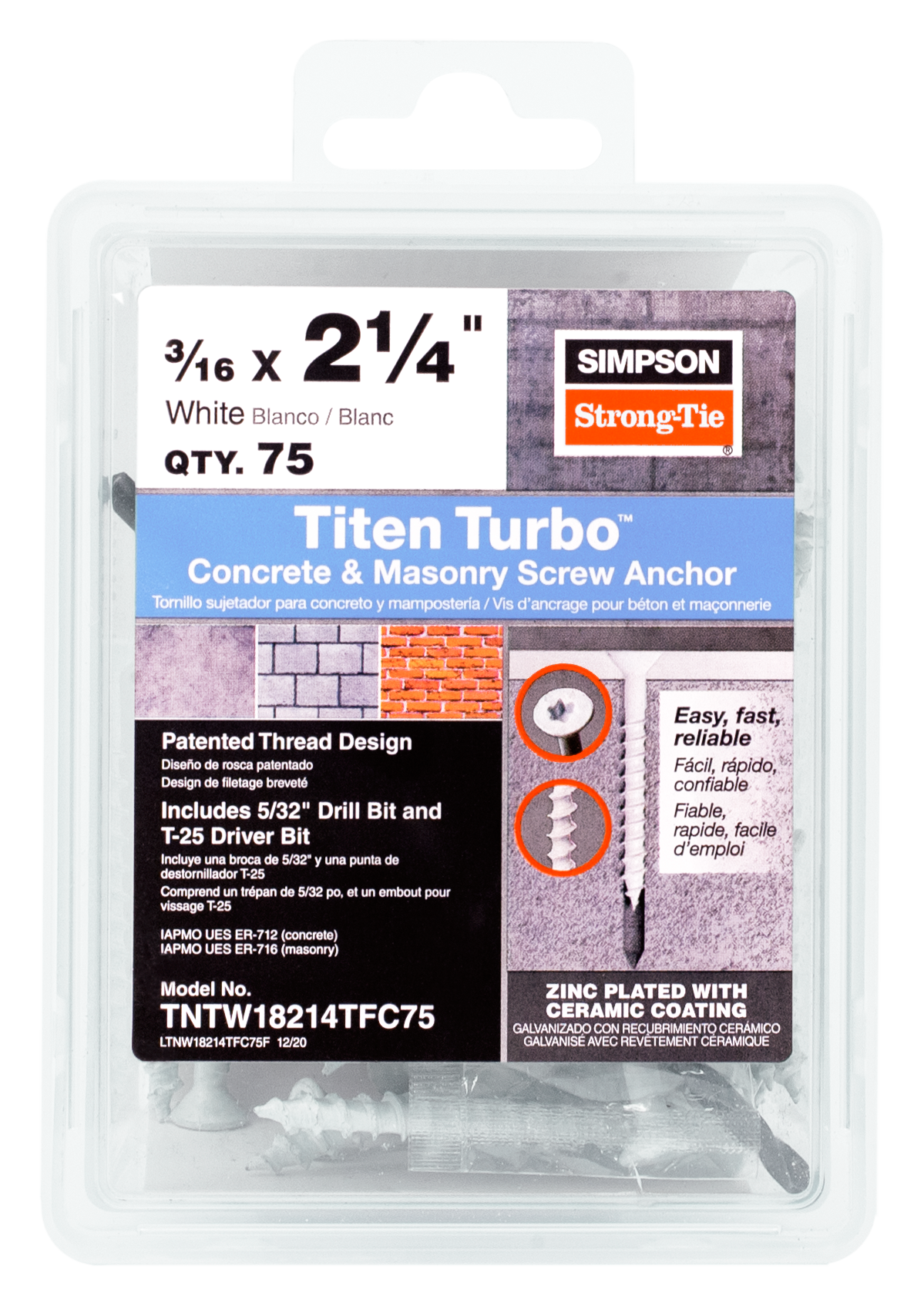 Simpson Strong-Tie TNTW18214TFC75 Titen Turbo™ — 3/16 in. x 2-1/4 in. 6-Lobe Flat-Head Concrete and Masonry Screw, White (75-Qty) (Pack of 4)