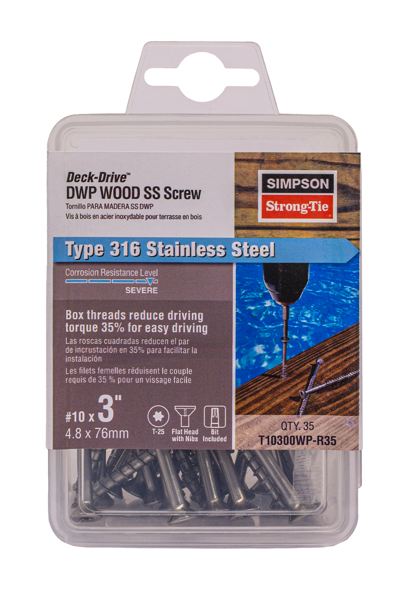 Simpson Strong-Tie T10300WP-R35 Deck-Drive™ DWP WOOD SS Screw — #10 x 3 in. T25, Flat Head, Type 316 (35-Qty)