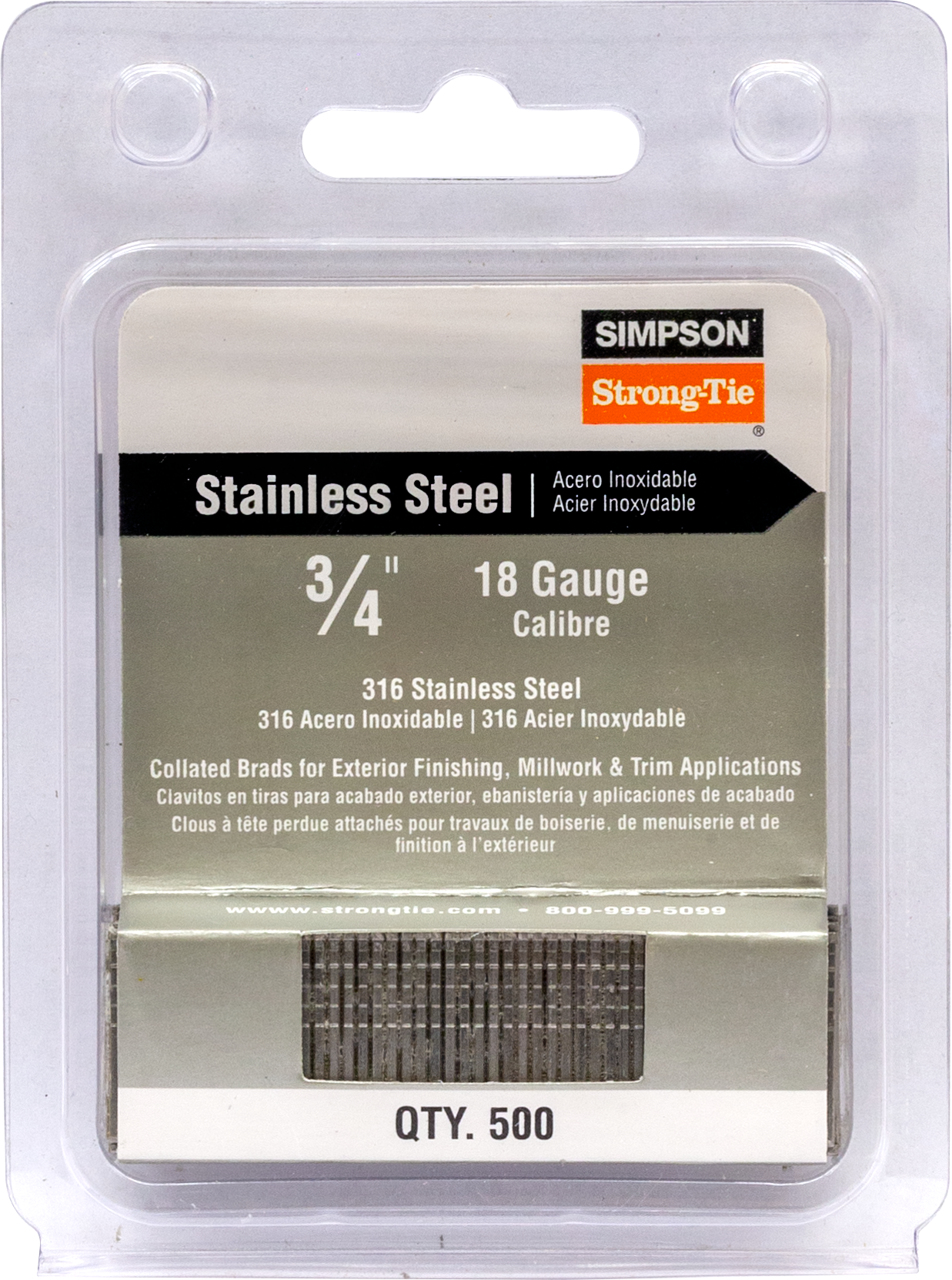 Simpson Strong-Tie T18N075FNB Straight, Adhesive Collation, T-Style Head, 18-Gauge Brads — 3/4 in. Type 316 (500-Qty) (Pack of 100)