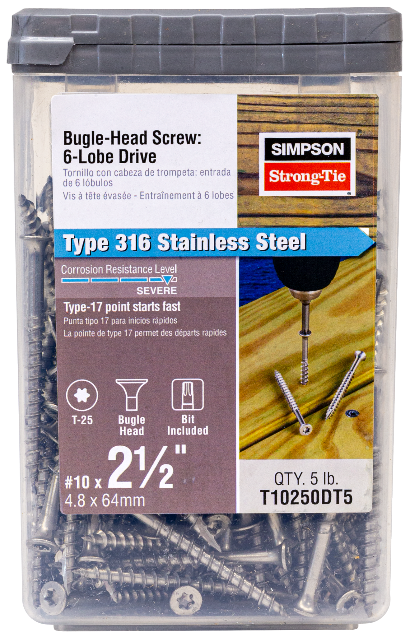 Simpson Strong-Tie T10250DT5 Bugle-Head Wood Screw, 6-Lobe Drive — #10 x 2-1/2-in. T25, Type 316 (5 lb.) (Pack of 300)