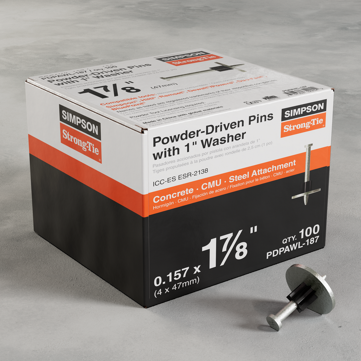 Simpson Strong-Tie PDPAWL-187 PDPAWL .157-in. x 1-7/8-in. Powder-Actuated Pin w/ 1-in. Washer (100-Qty)