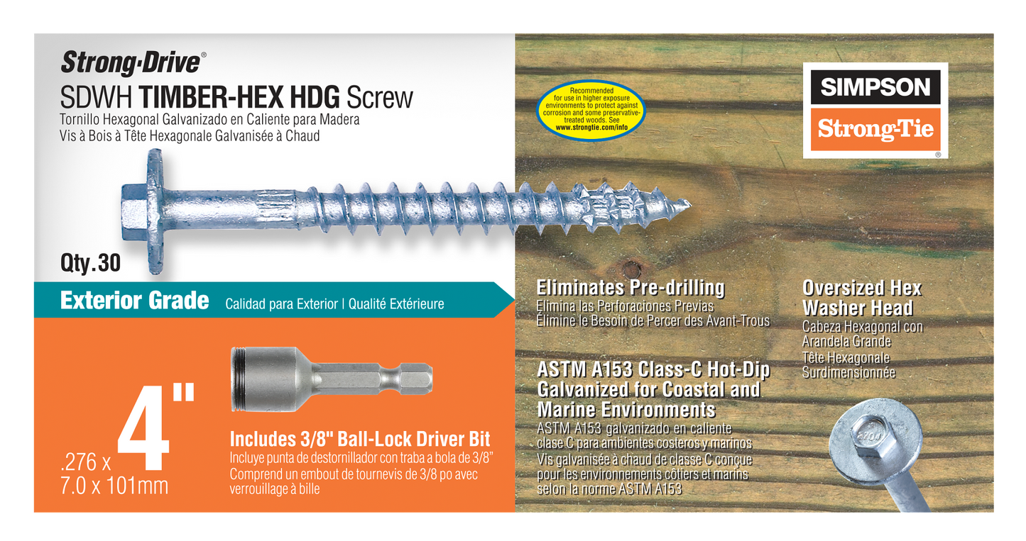 Simpson Strong-Tie SDWH27400GR30 Strong-Drive® SDWH™ TIMBER-HEX HDG Screw — 0.276 in. x 4 in. 3/8 Hex (30-Qty) (Pack of 360)