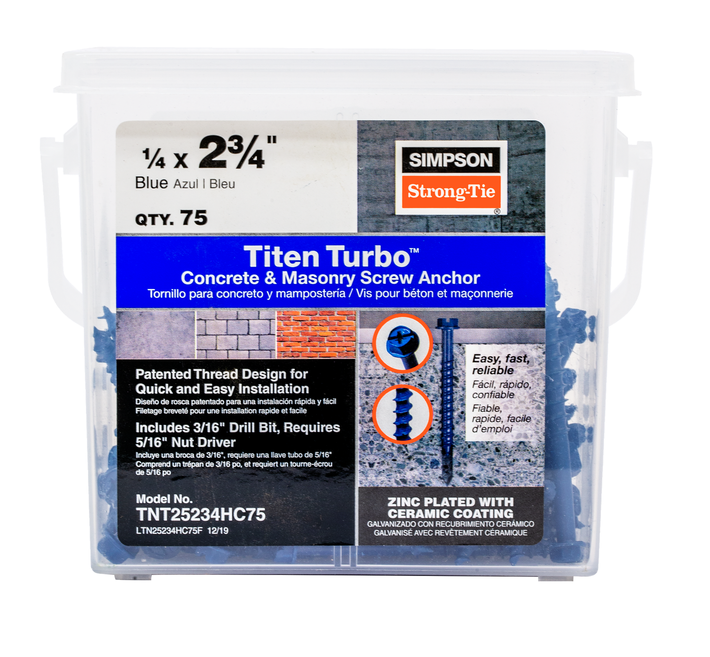 Simpson Strong-Tie TNT25234H Titen Turbo™ — 1/4 in. x 2-3/4 in. Hex-Head Concrete and Masonry Screw, Blue (100-Qty) (Pack of 5)