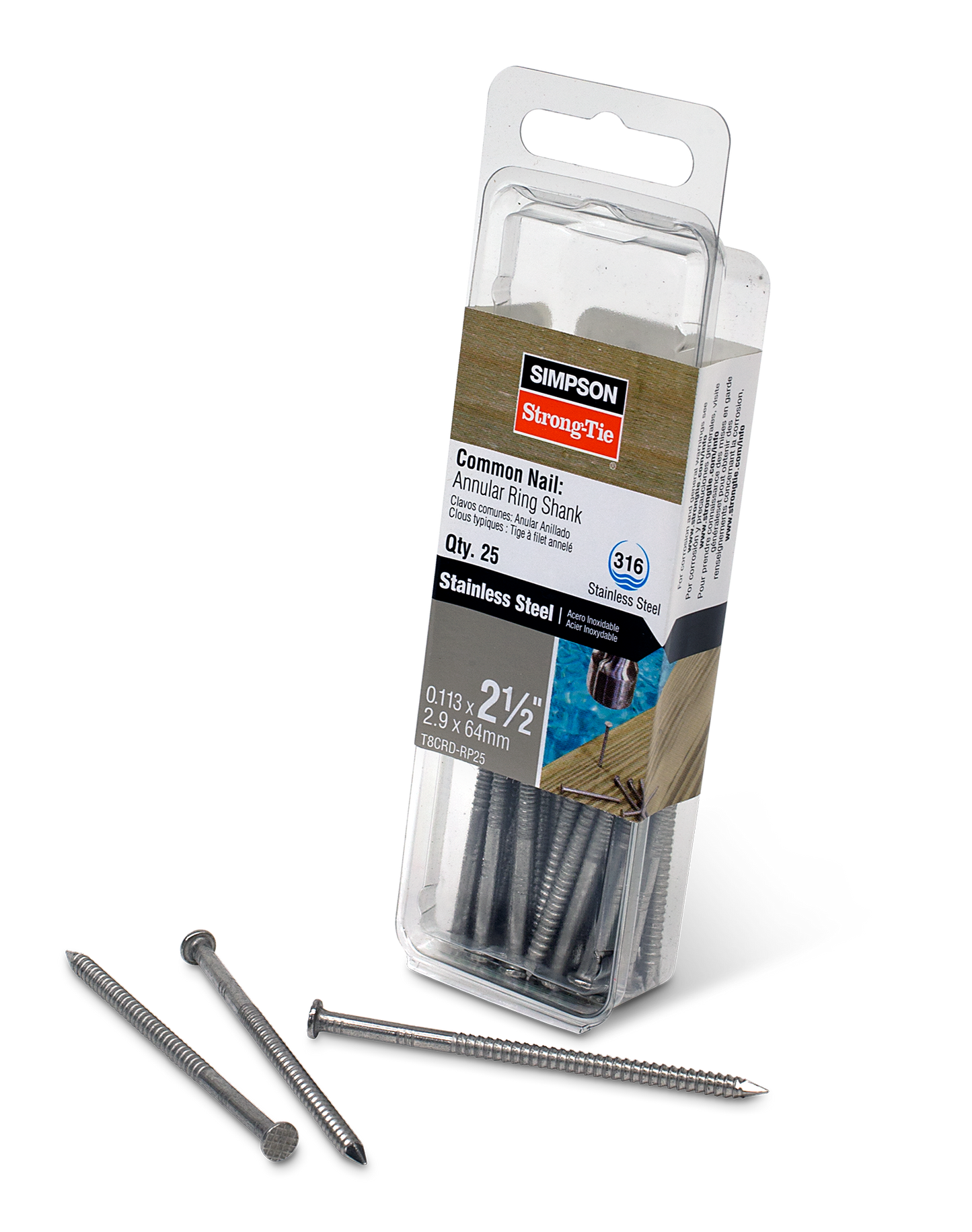 Simpson Strong-Tie T8CRD-RP25 Cedar and Redwood Decking Nail — 2-1/2 in. x .113 in. Type 316 Stainless Steel (25-Qty) (Pack of 3240)