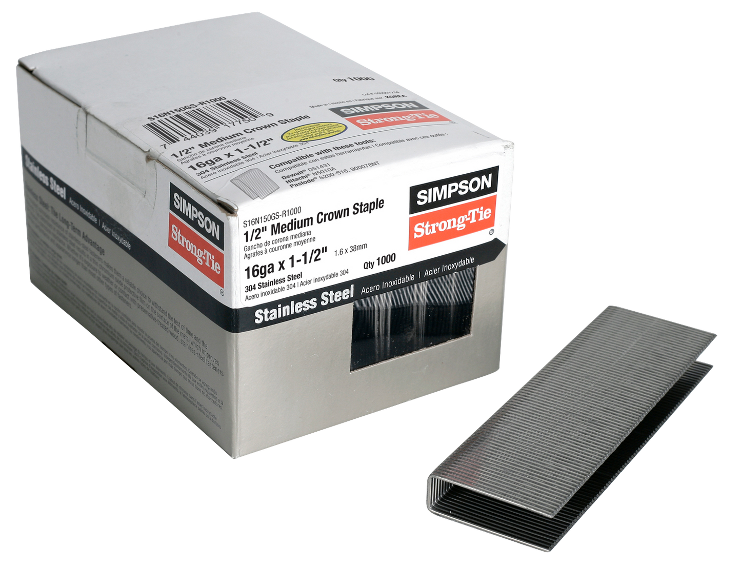 Simpson Strong-Tie S16N150GS-R1000 1/2-in. Crown, 16-Gauge Staples — 1-1/2 in. Type 304 Stainless Steel (1000-Qty)