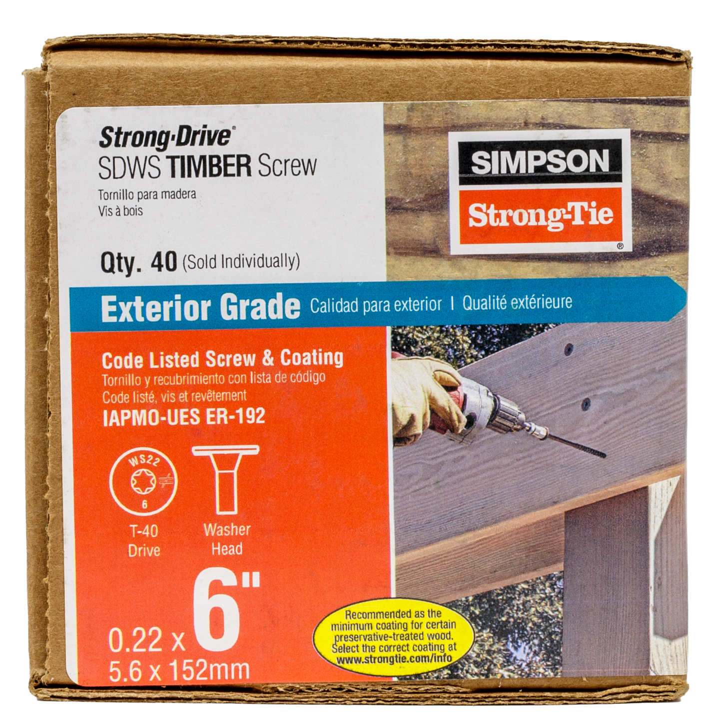 Simpson Strong-Tie SDWS22600DB-RP1 Strong-Drive® SDWS™ TIMBER Screw (Exterior Grade) — 0.220 in. x 6 in. T40, Tan