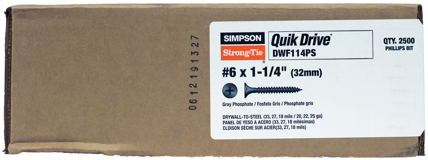 Simpson Strong-Tie DWF114PS DWF Drywall-to-CFS Screw (Collated) — #6 x 1-1/4 in. #2 Phillips Bugle Head (2500-Qty)