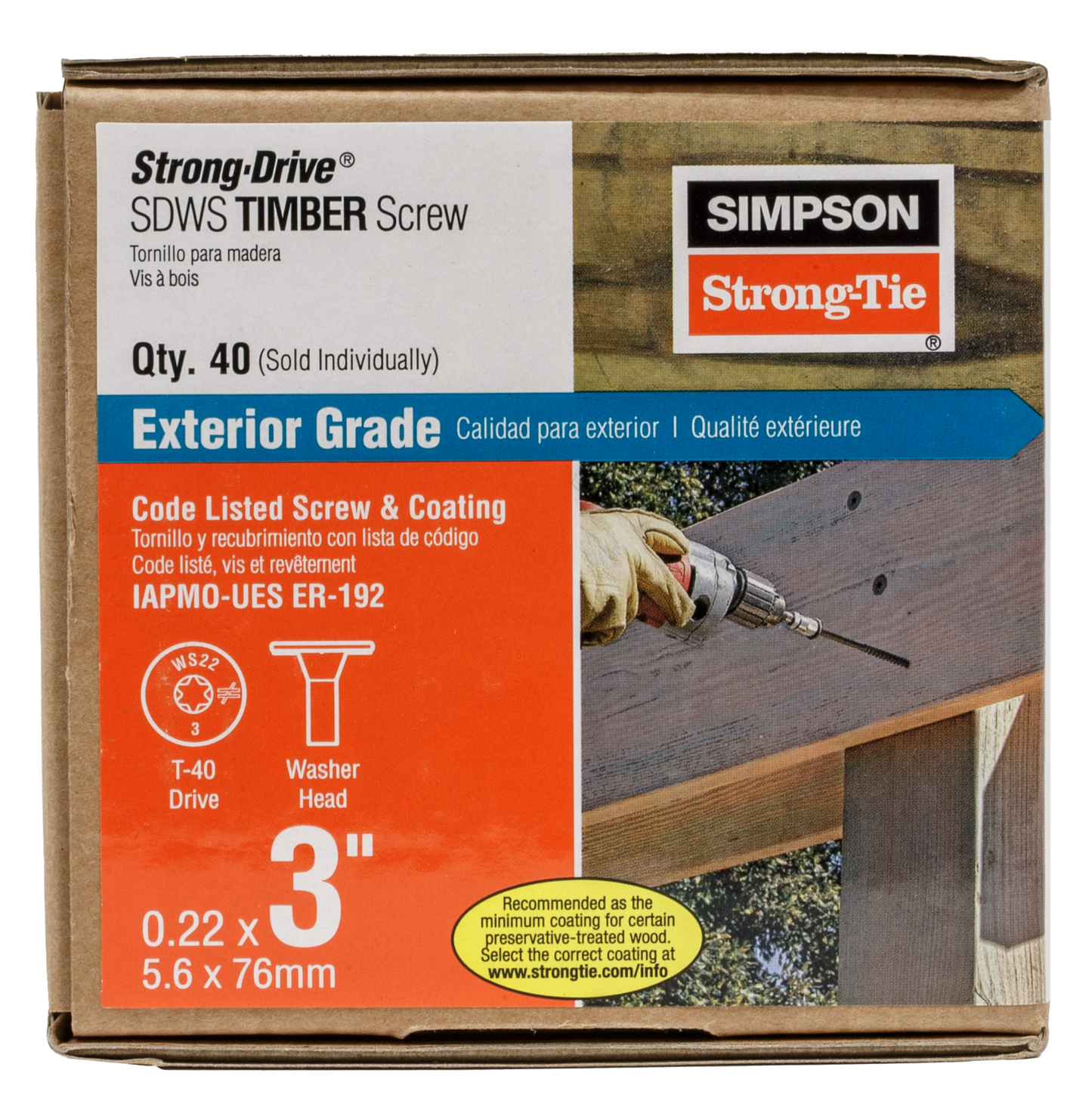 Simpson Strong-Tie SDWS22300DB-RP1 Strong-Drive® SDWS™ TIMBER Screw (Exterior Grade) — 0.220 in. x 3 in. T40, Tan