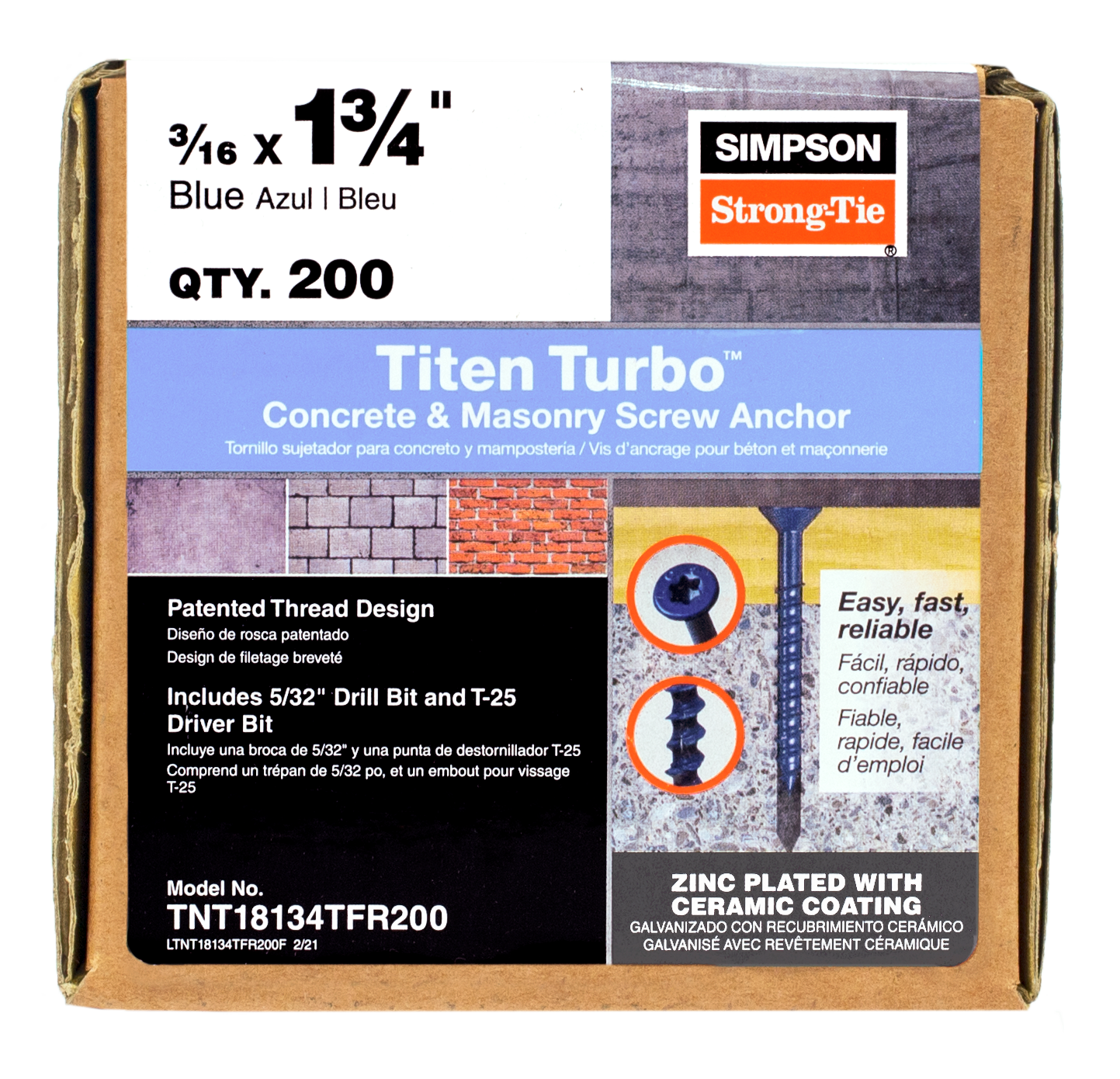 Simpson Strong-Tie TNT18134TFR200 Titen Turbo™ — 3/16 in. x 1-3/4 in. 6-Lobe Flat-Head Concrete and Masonry Screw, Blue (200-Qty)