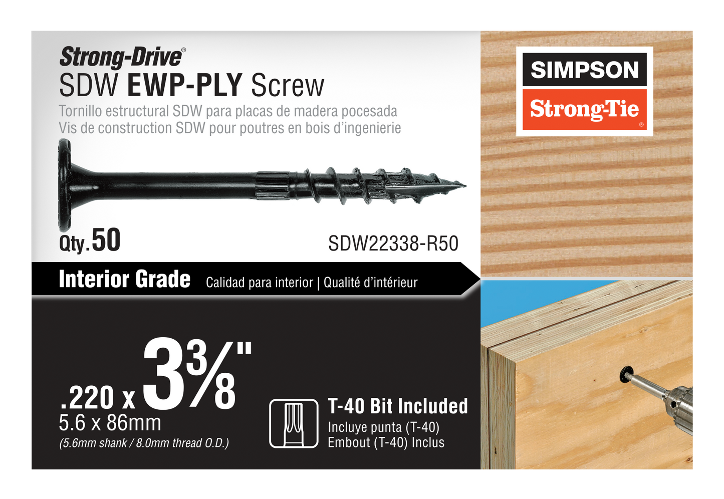 Simpson Strong-Tie SDW22338-R50 Strong-Drive® SDW™ EWP-PLY Screw — .220 in. x 3-3/8 in. T40 6-Lobe, E-coat® (50-Qty) (Pack of 6)