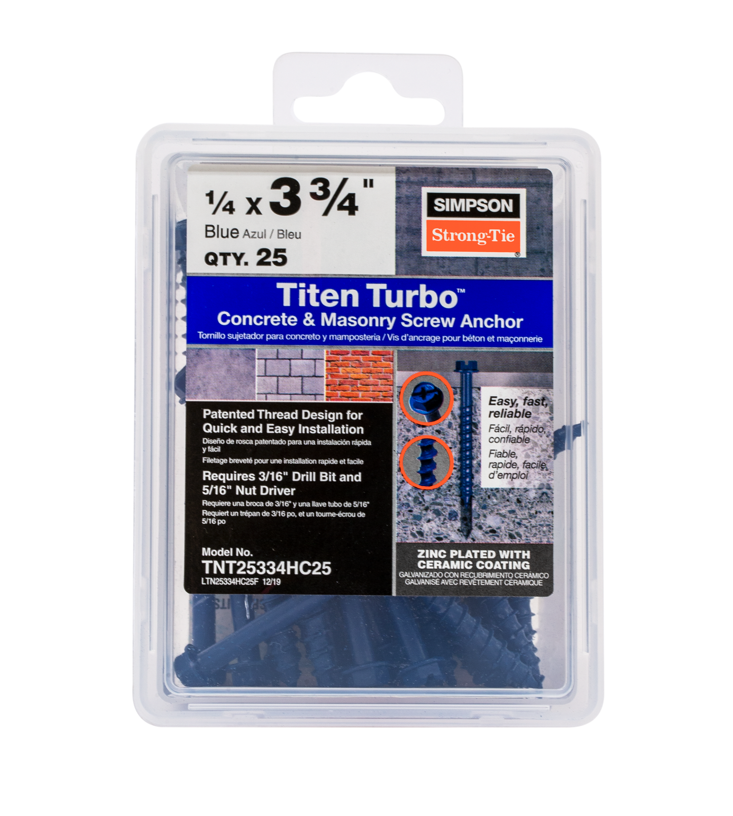 Simpson Strong-Tie TNT25334HC25 Titen Turbo™ — 1/4 in. x 3-3/4 in. Hex-Head Concrete and Masonry Screw, Blue (25-Qty)