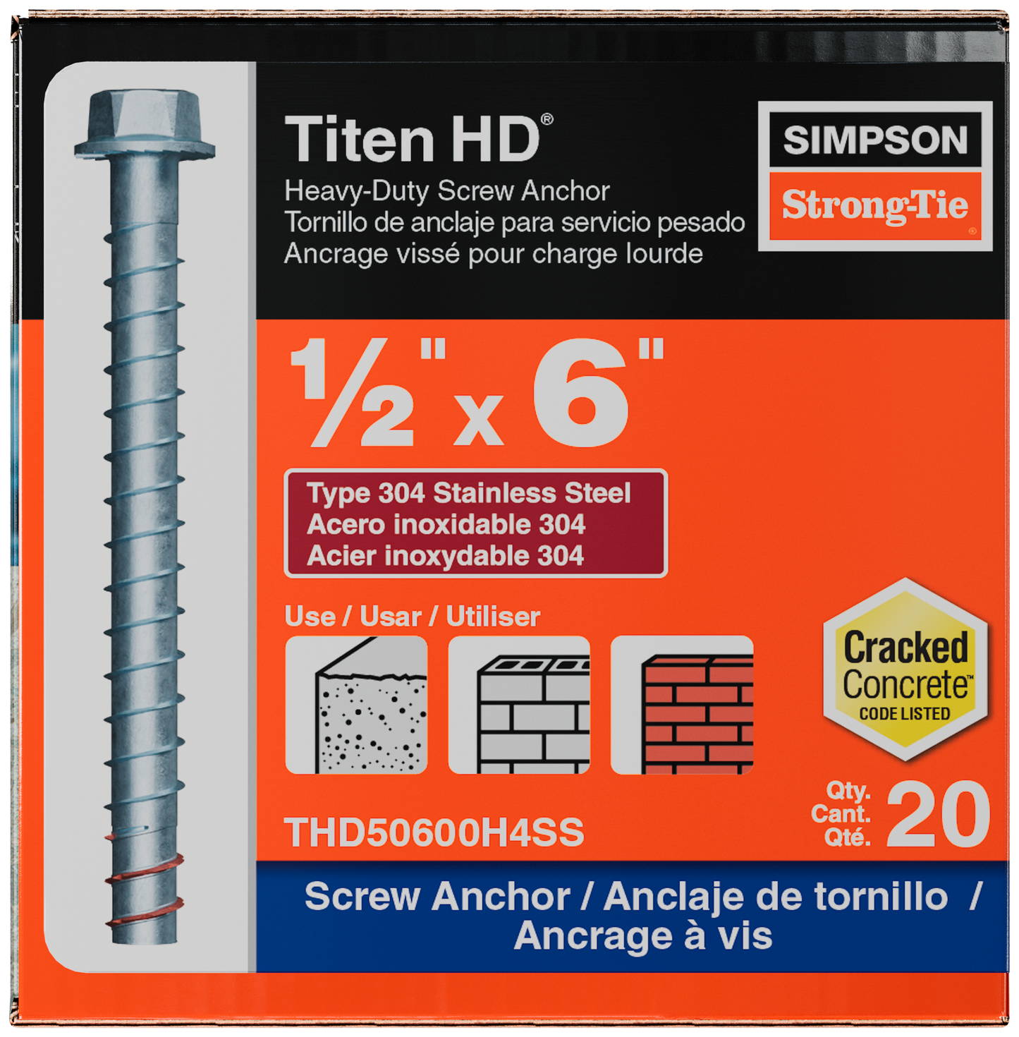 Simpson Strong-Tie THD50600H4SS Titen HD® 1/2 in. x 6 in. Type 304 Stainless-Steel Heavy-Duty Screw Anchor (20-Qty) (Pack of 240)