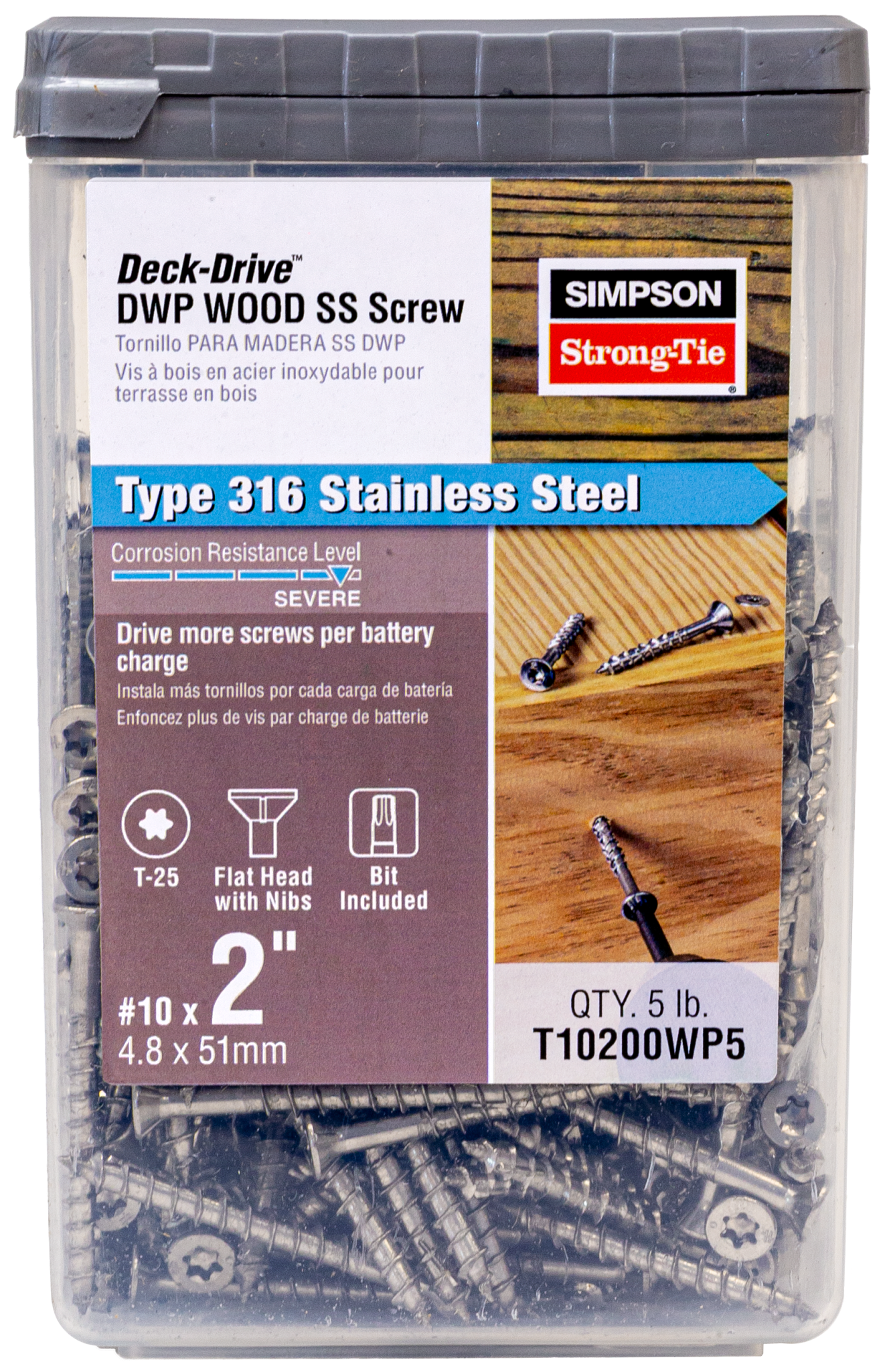 Simpson Strong-Tie T10200WP5 Deck-Drive™ DWP WOOD SS Screw — #10 x 2 in. T-25, Flat Head, Type 316 (5 lb.) (Pack of 300)
