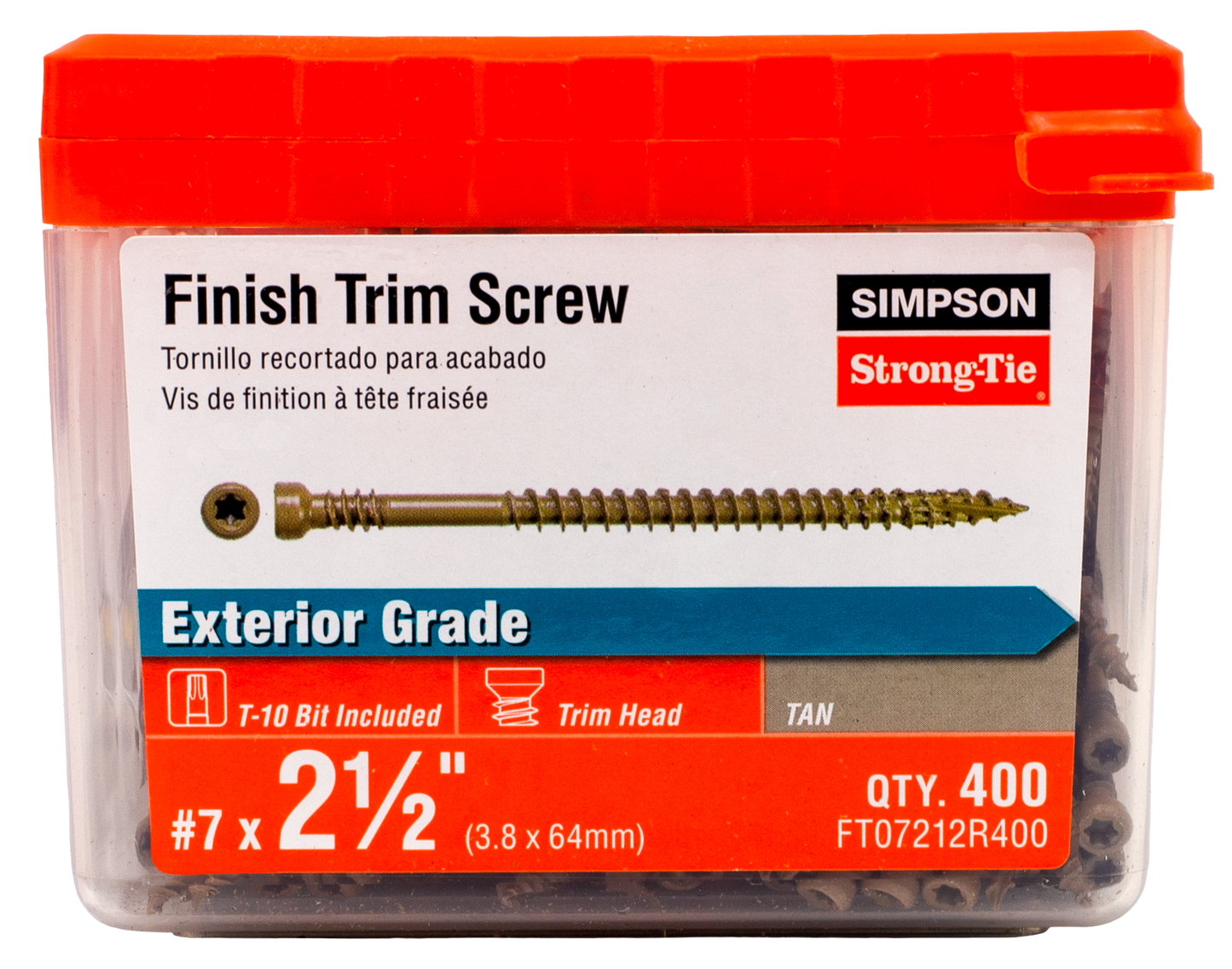 Simpson Strong-Tie FT07212R400 Finish Trim Screw — #7 x 2-1/2 in. T10, Trim-Head, Quik Guard®, Tan (400-Qty)