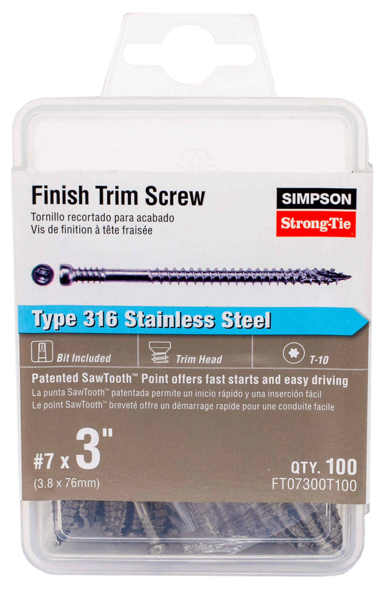 Simpson Strong-Tie FT07300T100 Finish Trim Screw — #7 x 3 in. T10, Trim-Head, Type 316 (100-Qty) (Pack of 5)