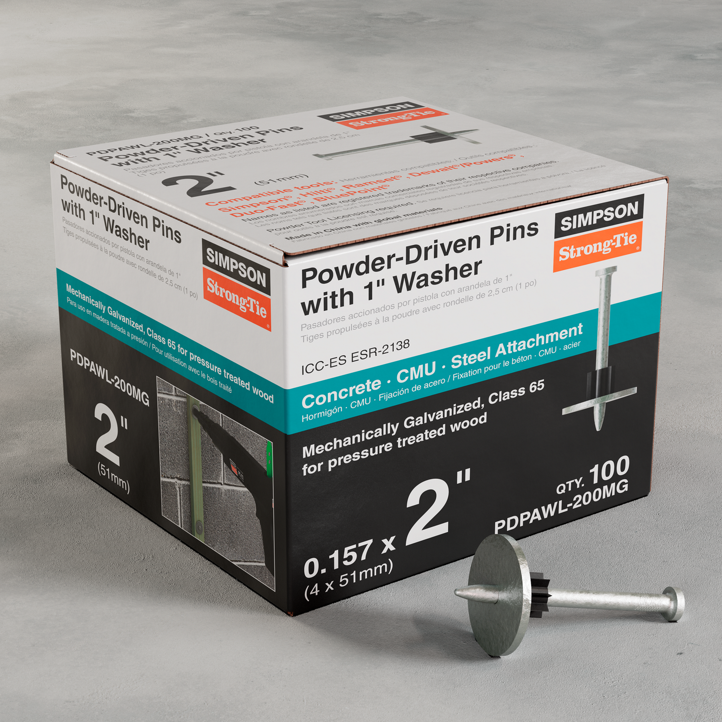 Simpson Strong-Tie PDPAWL-200MG PDPAWL .157 in. x 2 in. Mechanically Galvanized Powder-Actuated Pin w/ 1 in. Washer (100-Qty) (Pack of 10)