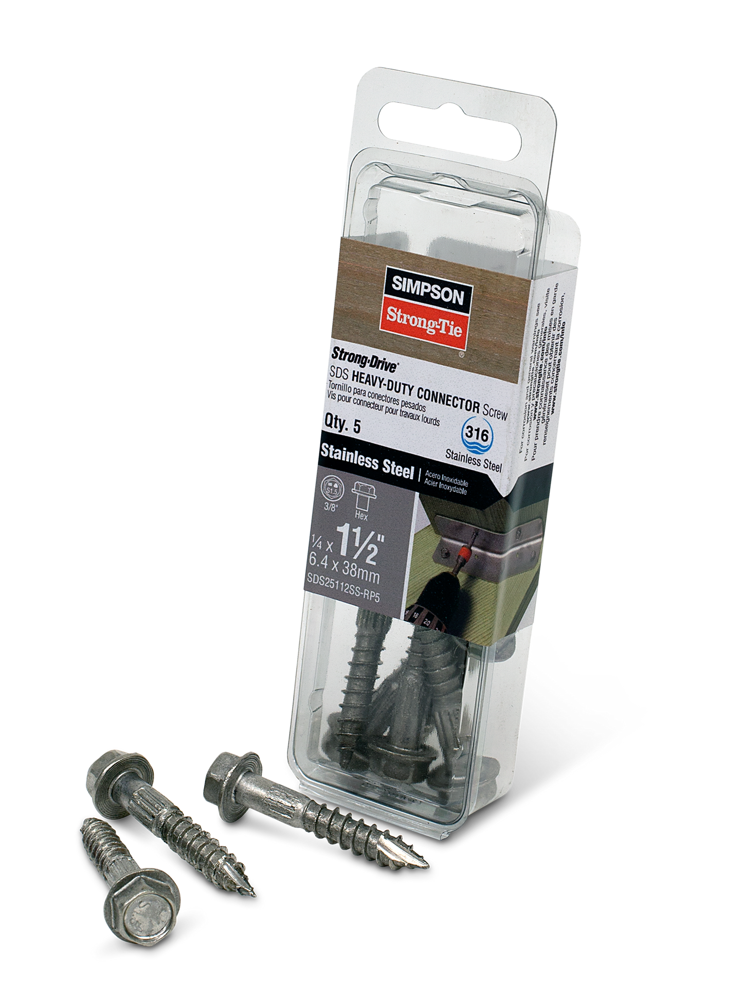 Simpson Strong-Tie SDS25112SS-RP5 Strong-Drive® SDS HEAVY-DUTY CONNECTOR Screw — 1/4 in. x 1-1/2 in. Type 316 (5-Qty) (Pack of 5)