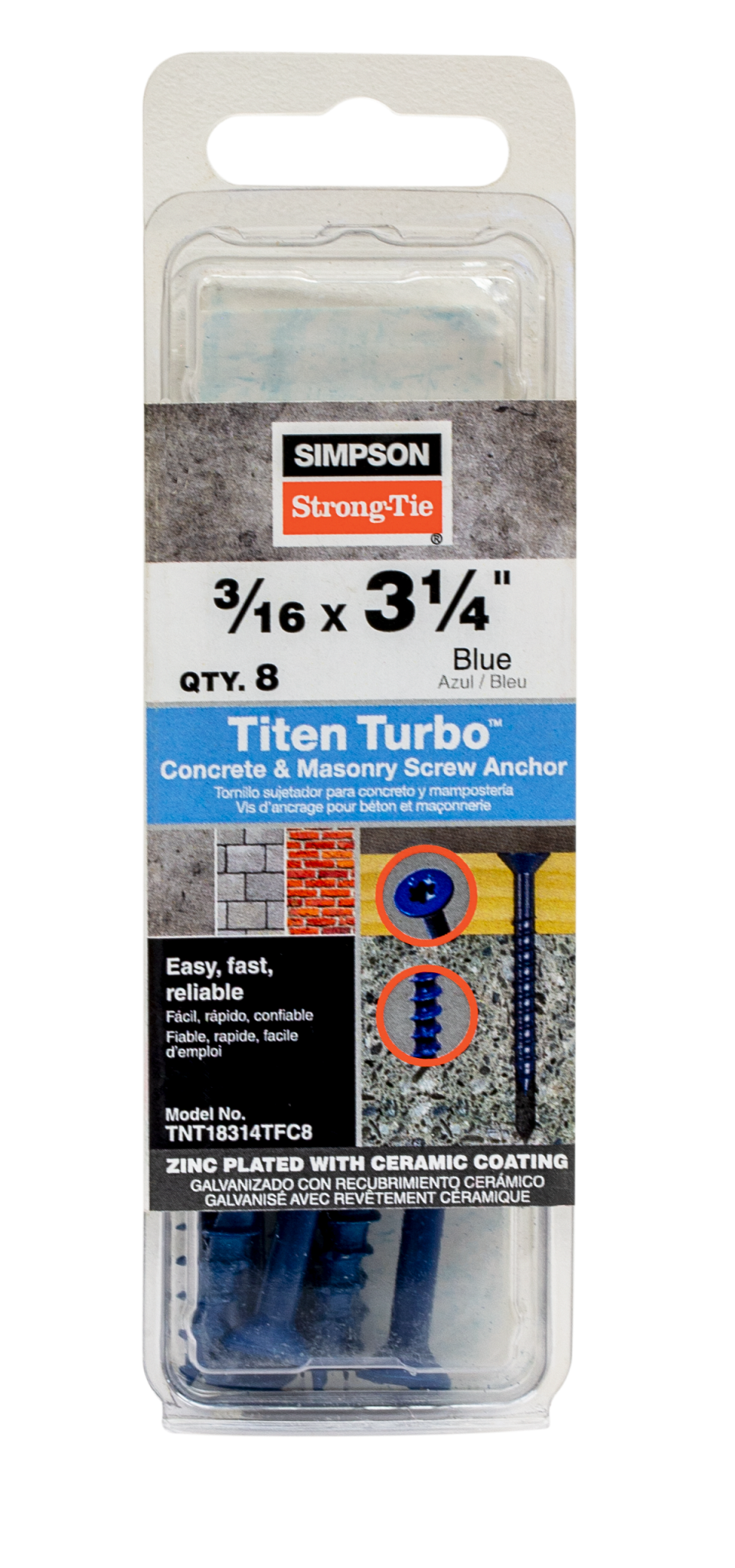 Simpson Strong-Tie TNT18314TFC8 Titen Turbo™ — 3/16 in. x 3-1/4 in. 6-Lobe Flat-Head Concrete and Masonry Screw, Blue (8-Qty) (Pack of 5520)