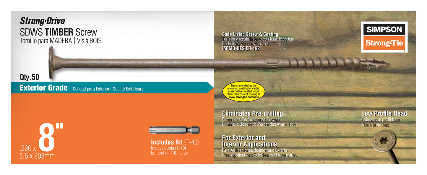 Simpson Strong-Tie SDWS22800DB-R50 Strong-Drive® SDWS™ TIMBER Screw (Exterior Grade) — 0.220 in. x 8 in. T40, Tan (50-Qty)