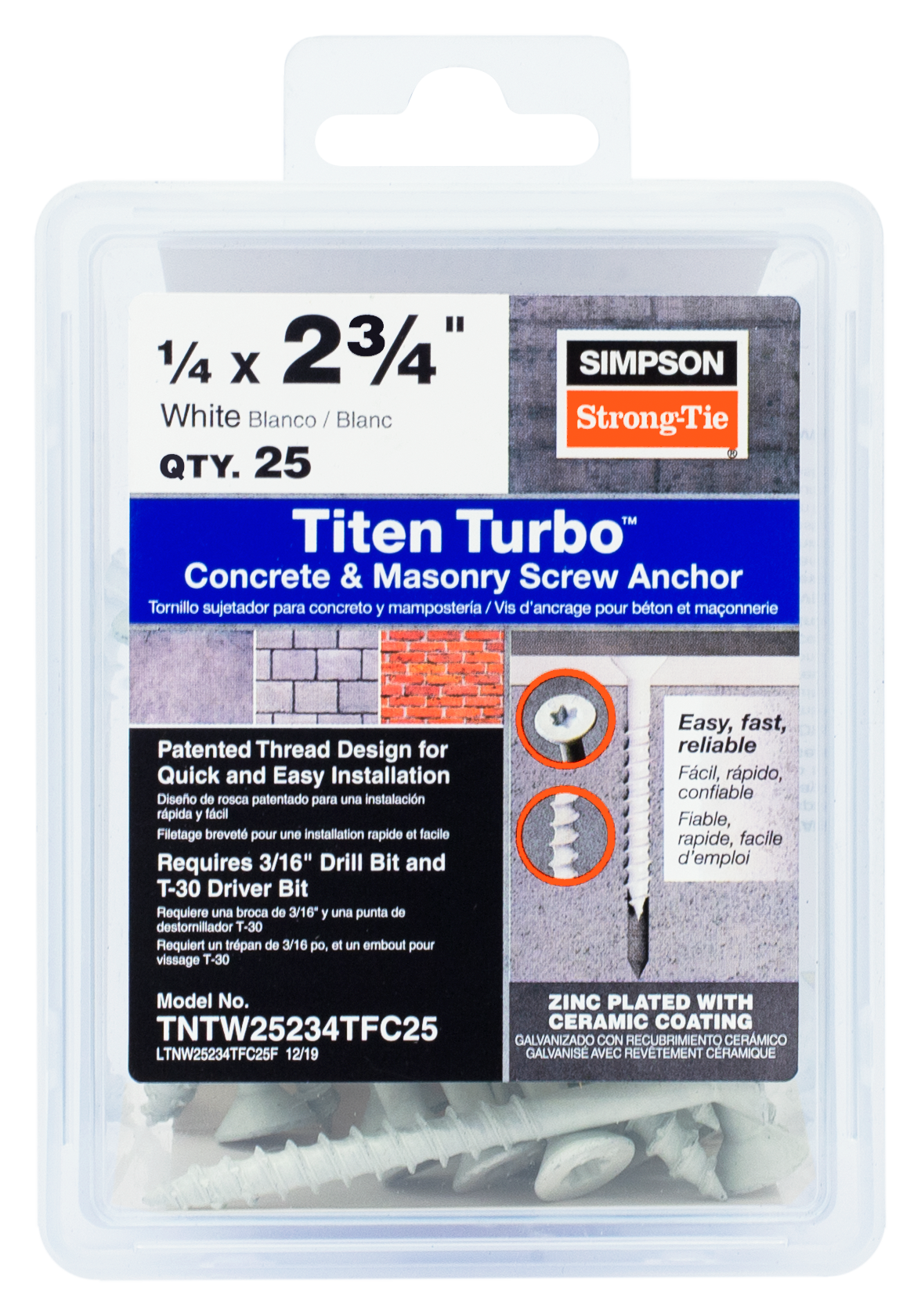 Simpson Strong-Tie TNTW25234TFC25 Titen Turbo™ — 1/4 in. x 2-3/4 in. 6-Lobe Flat-Head Concrete and Masonry Screw, White (25-Qty) (Pack of 1152)