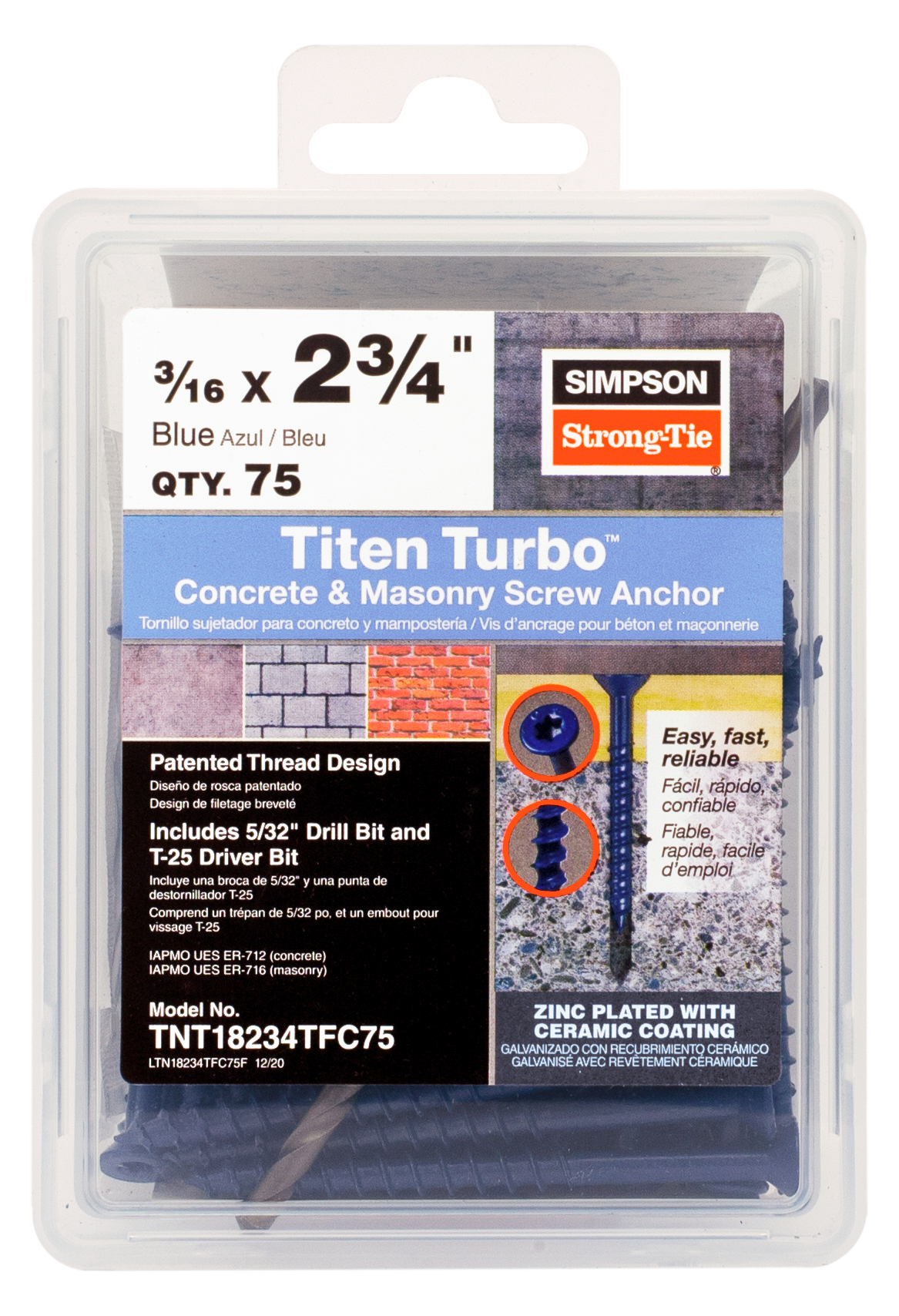 Simpson Strong-Tie TNT18234TFC75 Titen Turbo™ — 3/16 in. x 2-3/4 in. 6-Lobe Flat-Head Concrete and Masonry Screw, Blue (75-Qty) (Pack of 4)