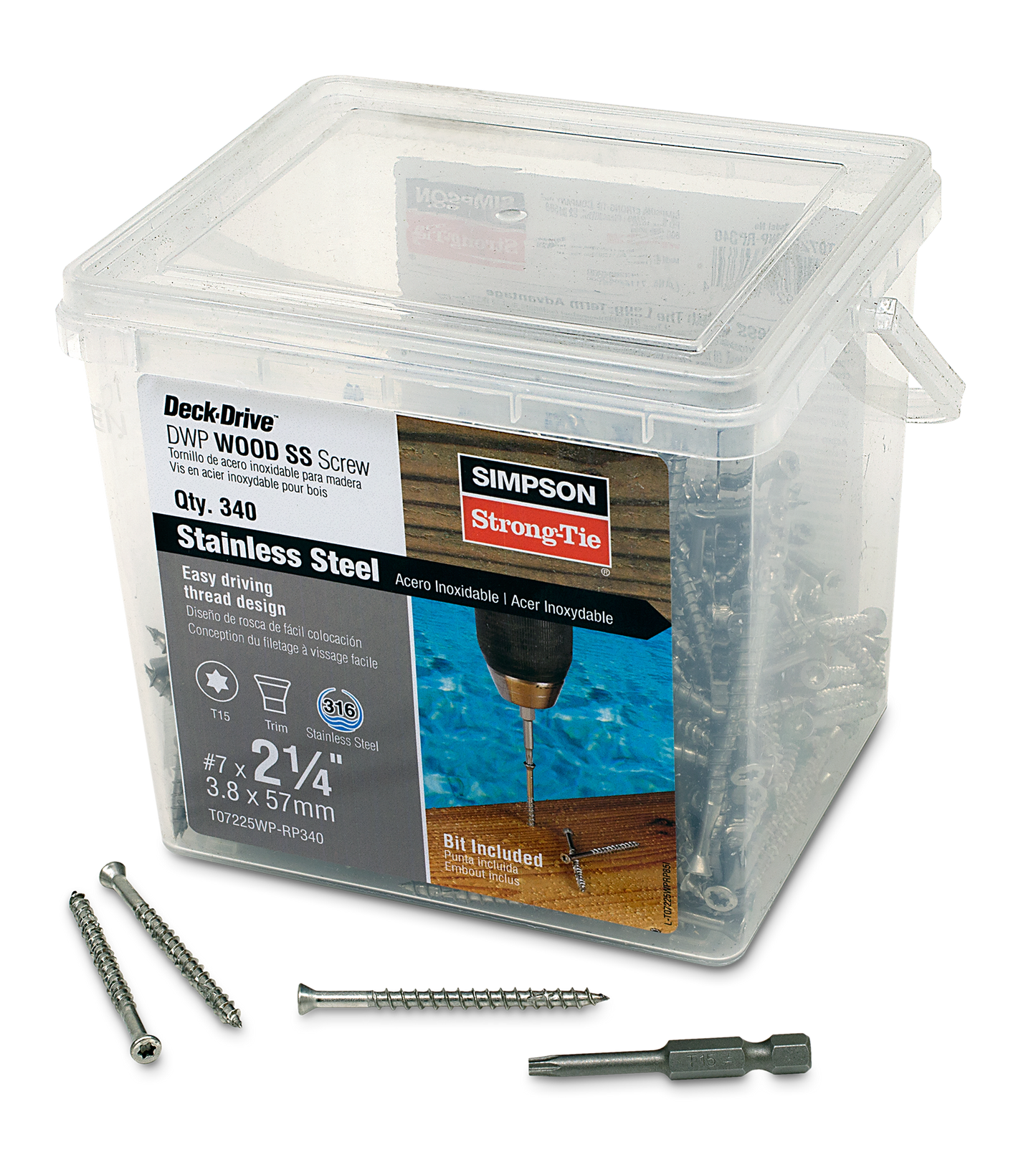 Simpson Strong-Tie T07225WP-RP340 Deck-Drive™ DWP WOOD SS Screw — #7 x 2-1/4 in. T-15, Trim Head, Type 316 (340-Qty) (Pack of 336)