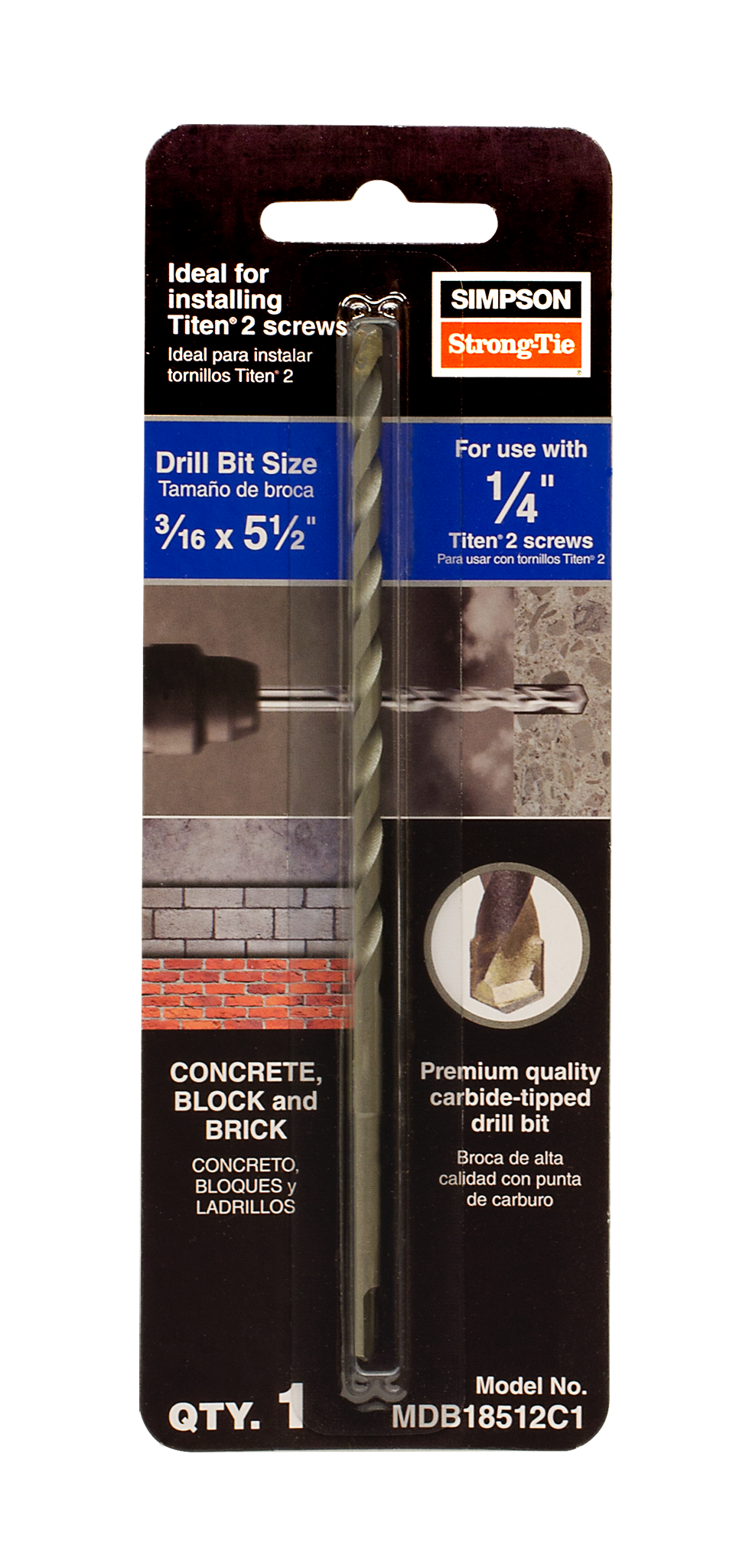 Simpson Strong-Tie MDB18512C1 Titen Turbo™ 3/16 in. x 5-1/2 in. Screw-Anchor Drill Bit