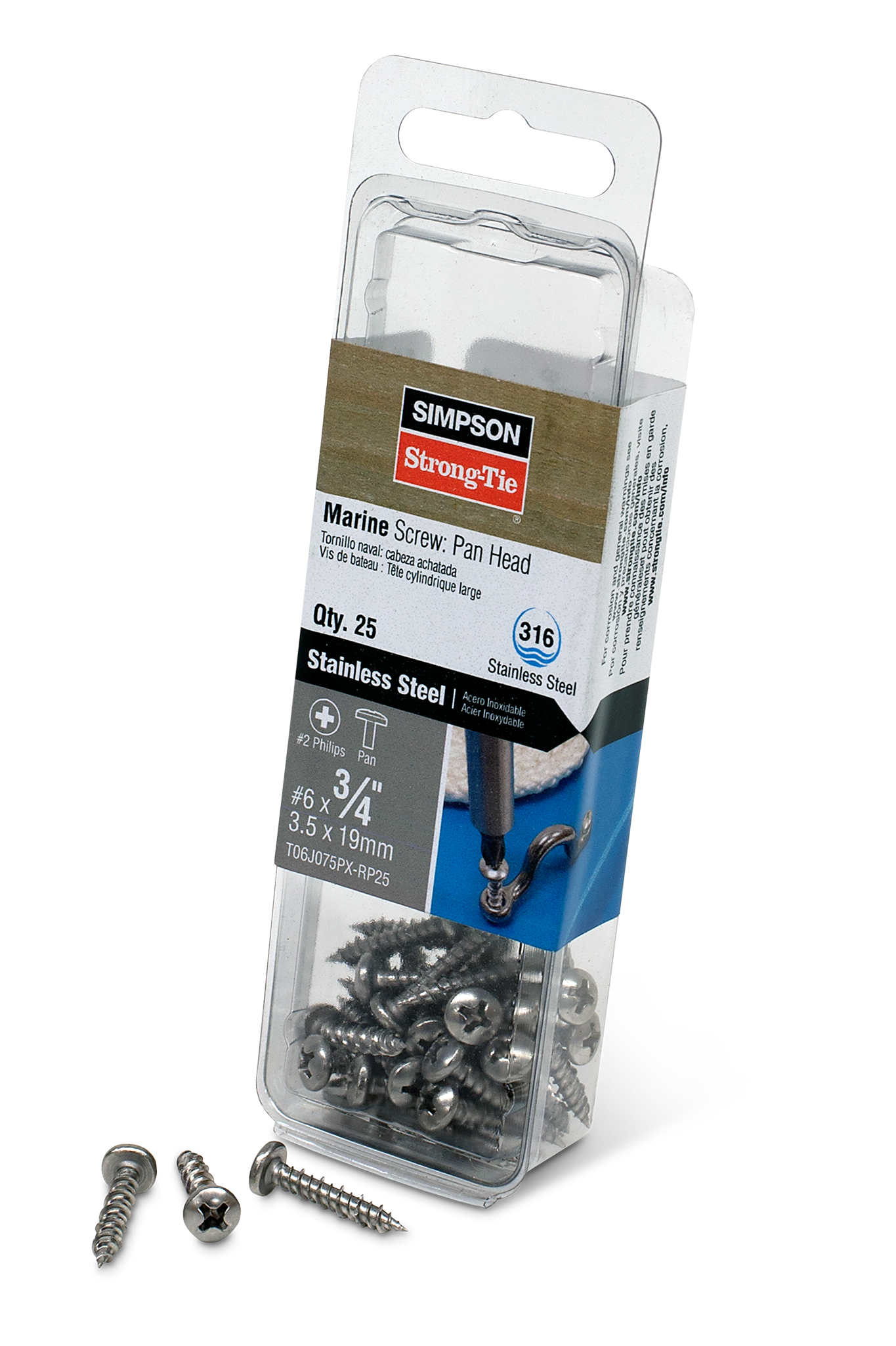 Simpson Strong-Tie T06J075PX-RP25 Marine Screw, Pan Head — #6 x 3/4 in. #2 Phillips Drive, Type 316 (25-Qty)