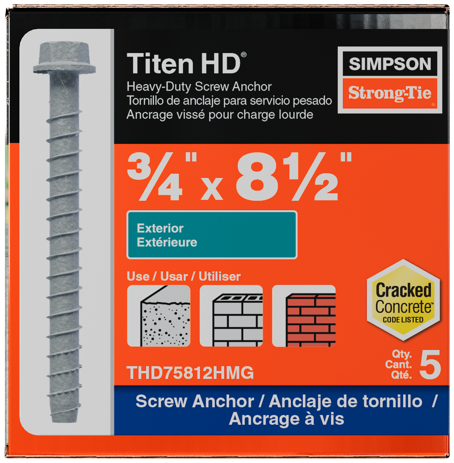 Simpson Strong-Tie THD75812HMG Titen HD® 3/4 in. x 8-1/2 in. Mechanically Galvanized Heavy-Duty Screw Anchor (5-Qty) (Pack of 2)