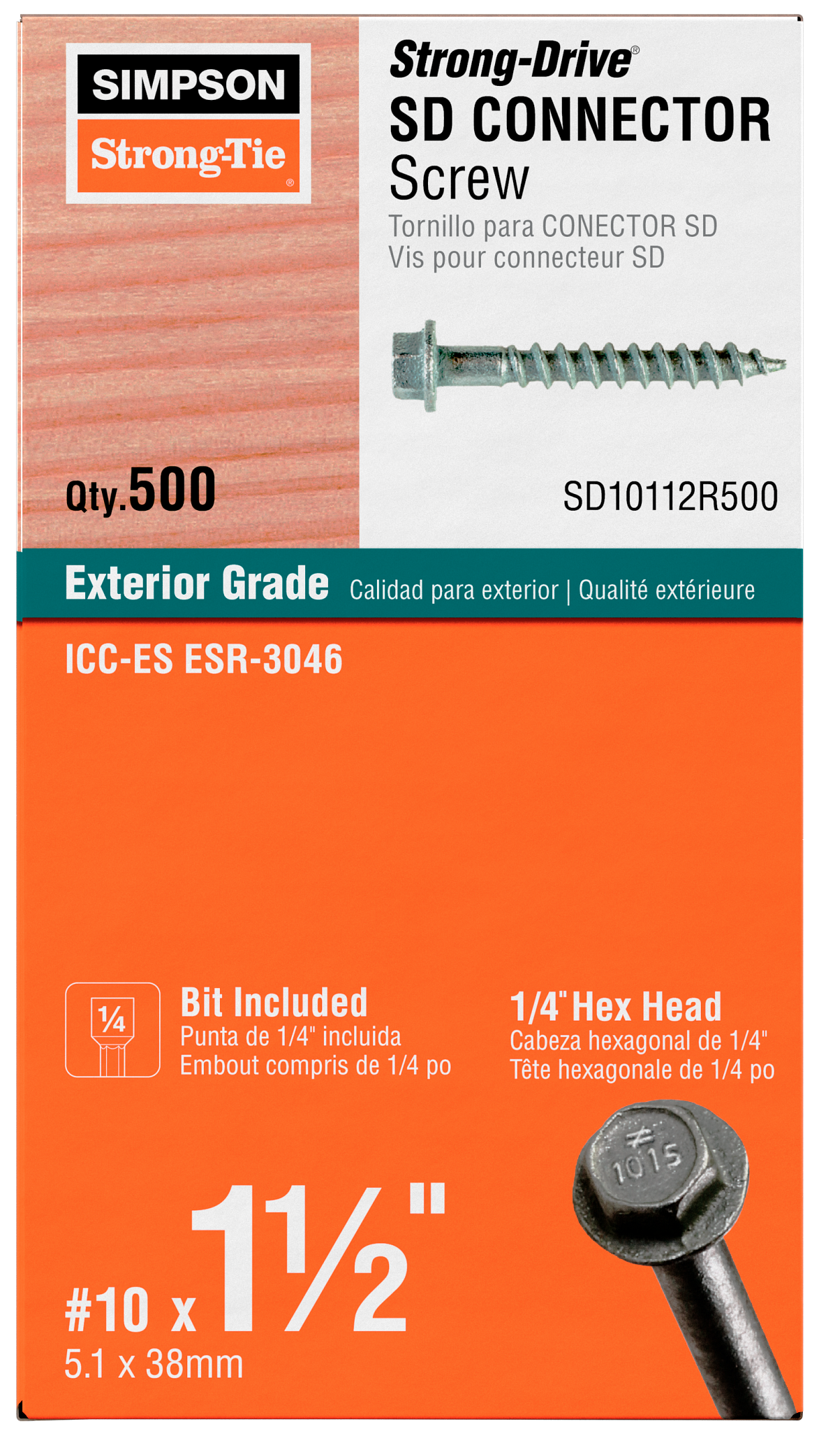 Simpson Strong-Tie SD10112R500 Strong-Drive® SD CONNECTOR Screw — #10 x 1-1/2 in. 1/4-Hex Drive, Mech. Galv. (500-Qty) (Pack of 3)