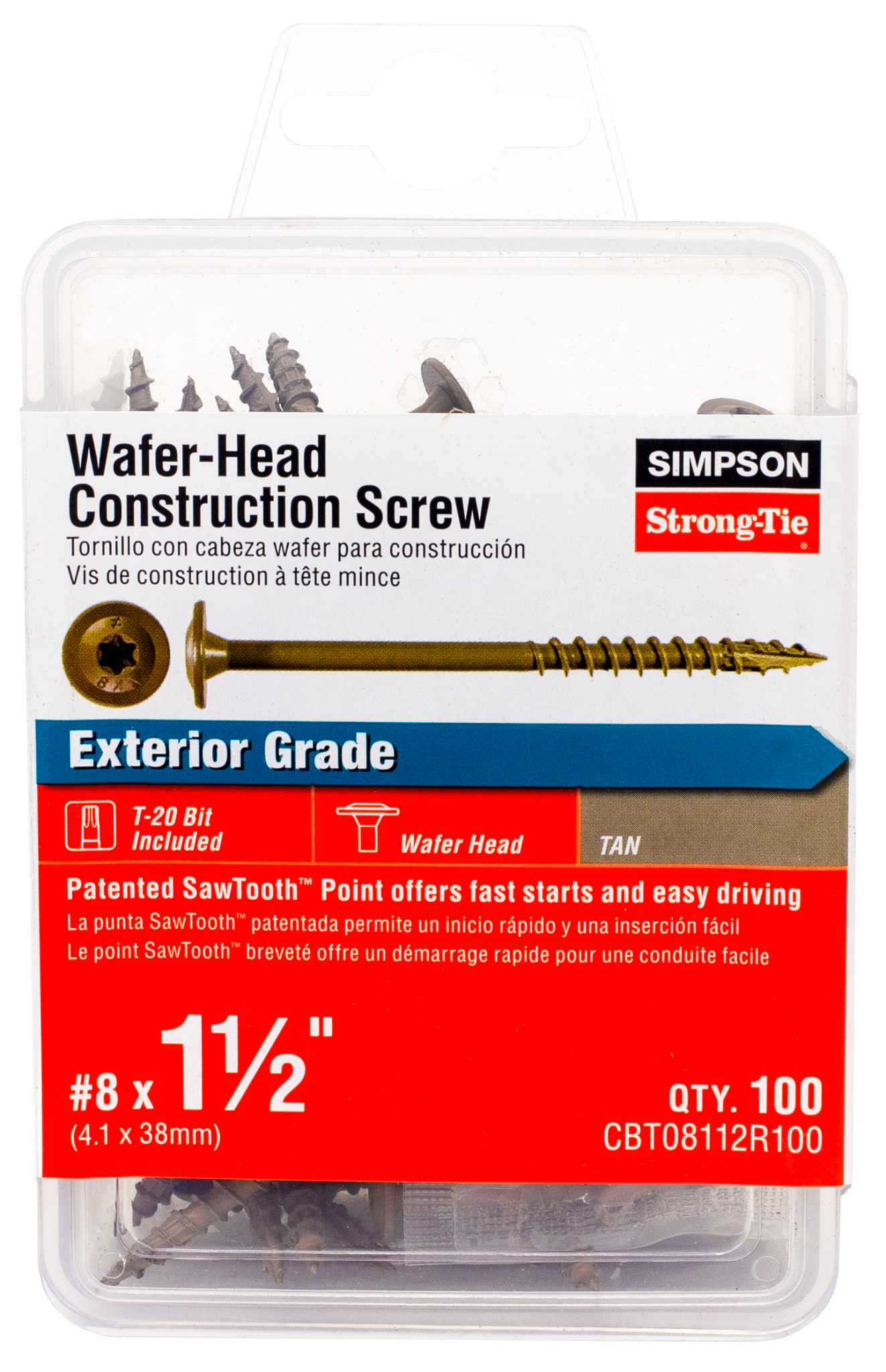 Simpson Strong-Tie CBT08112R100 Wafer-Head Construction Screw — #8 x 1-1/2 in. T20, Quik Guard®, Tan (100-Qty) (Pack of 5)