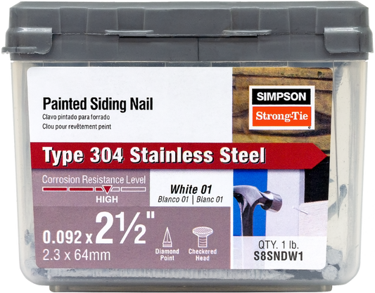 Simpson Strong-Tie S8SNDW1 Painted Siding Nail — 2-1/2 in. x .092 in. Type 304 Stainless Steel, White (1 lb.) (Pack of 10)