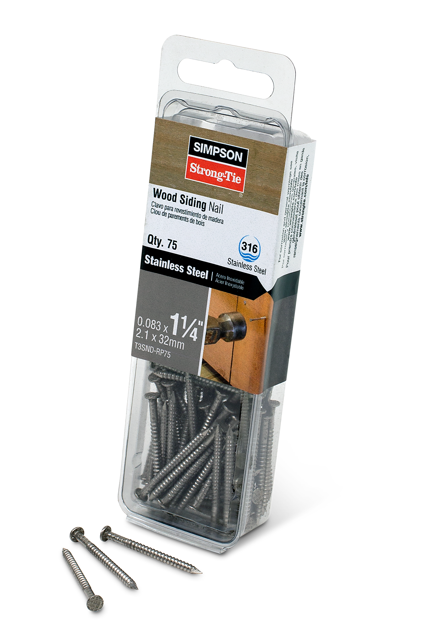 Simpson Strong-Tie T3SND-RP75 Wood Siding Nail — 1-1/4-in. x .083-in. Type 316 Stainless Steel (75-Qty) (Pack of 3240)