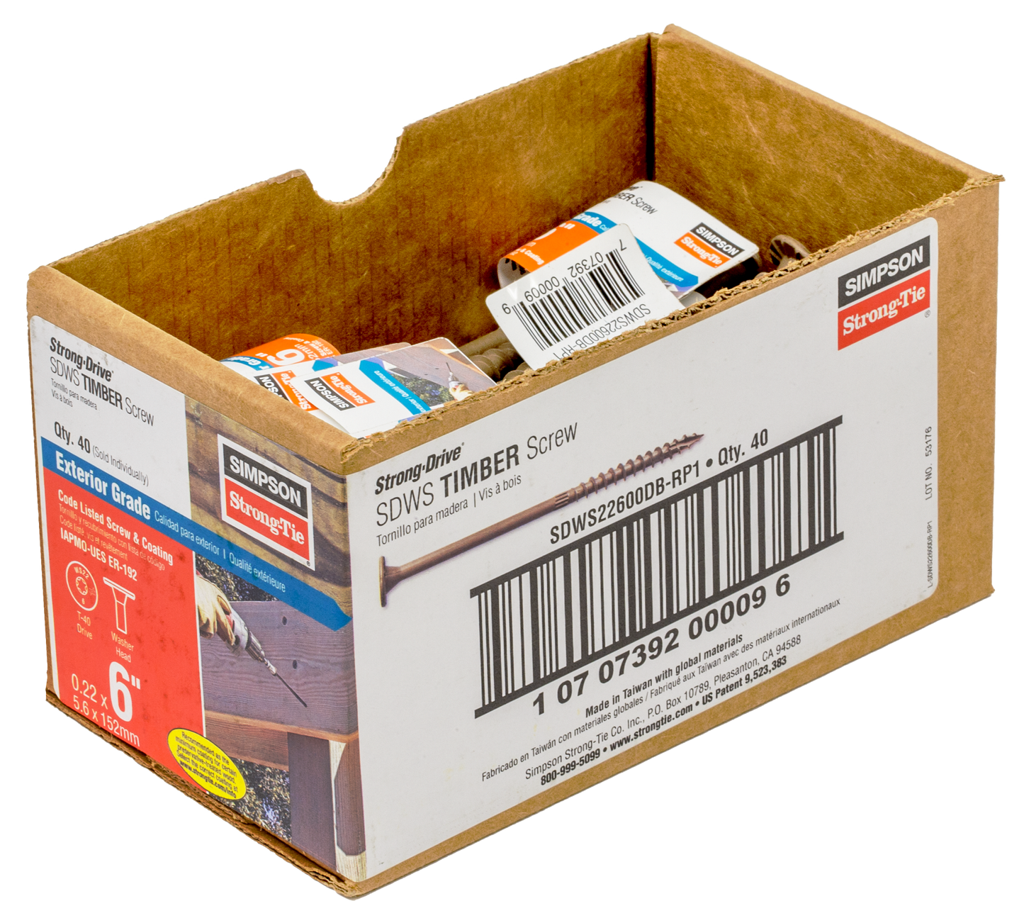 Simpson Strong-Tie SDWS22600DB-RP1 Strong-Drive® SDWS™ TIMBER Screw (Exterior Grade) — 0.220 in. x 6 in. T40, Tan (Pack of 40)
