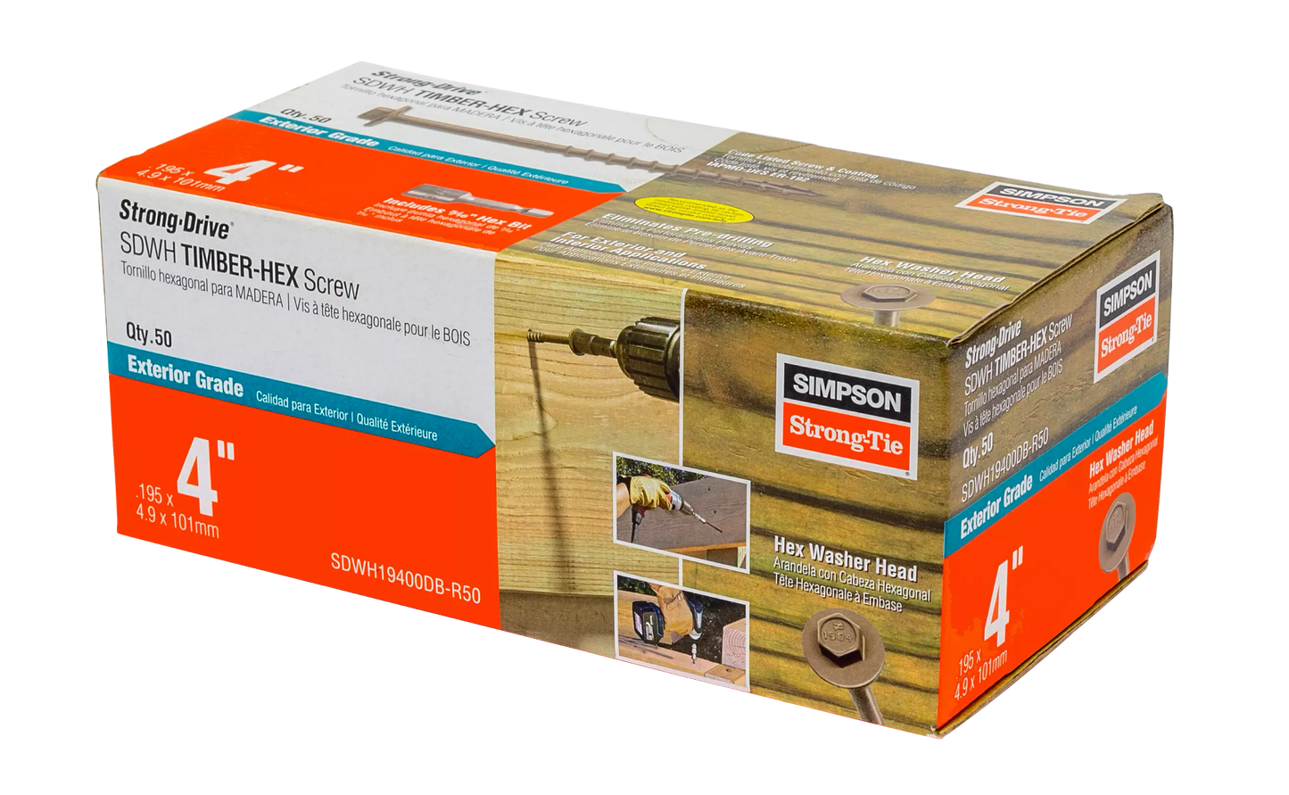 Simpson Strong-Tie SDWH19400DB-R50 Strong-Drive® SDWH™ TIMBER-HEX Screw — 0.195 in. x 4 in. 5/16 Hex, DB Coating (50-Qty) (Pack of 360)