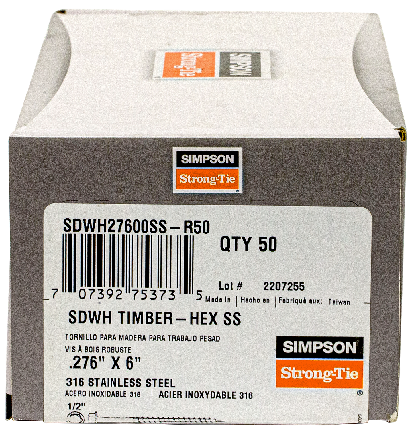 Simpson Strong-Tie SDWH27600SS-R50 Strong-Drive® SDWH™ TIMBER-HEX SS Screw — 0.275 in. x 6 in. 1/2 Hex, Type 316 (50-Qty) (Pack of 4)