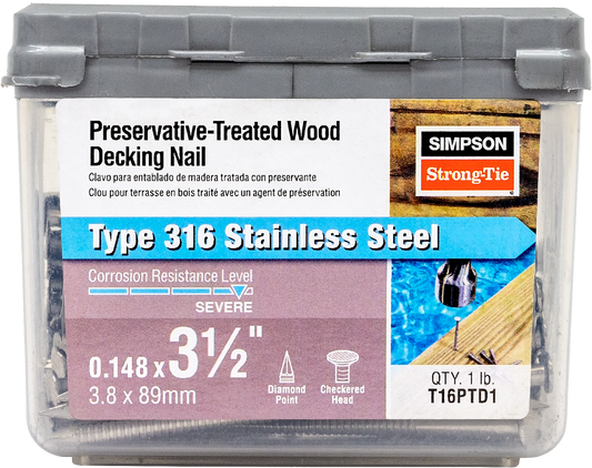 Simpson Strong-Tie T16PTD1 Preservative-Treated Wood Decking Nail, Ring Shank — 3-1/2 in. x .148 in. Type 316 (1 lb.) (Pack of 800)
